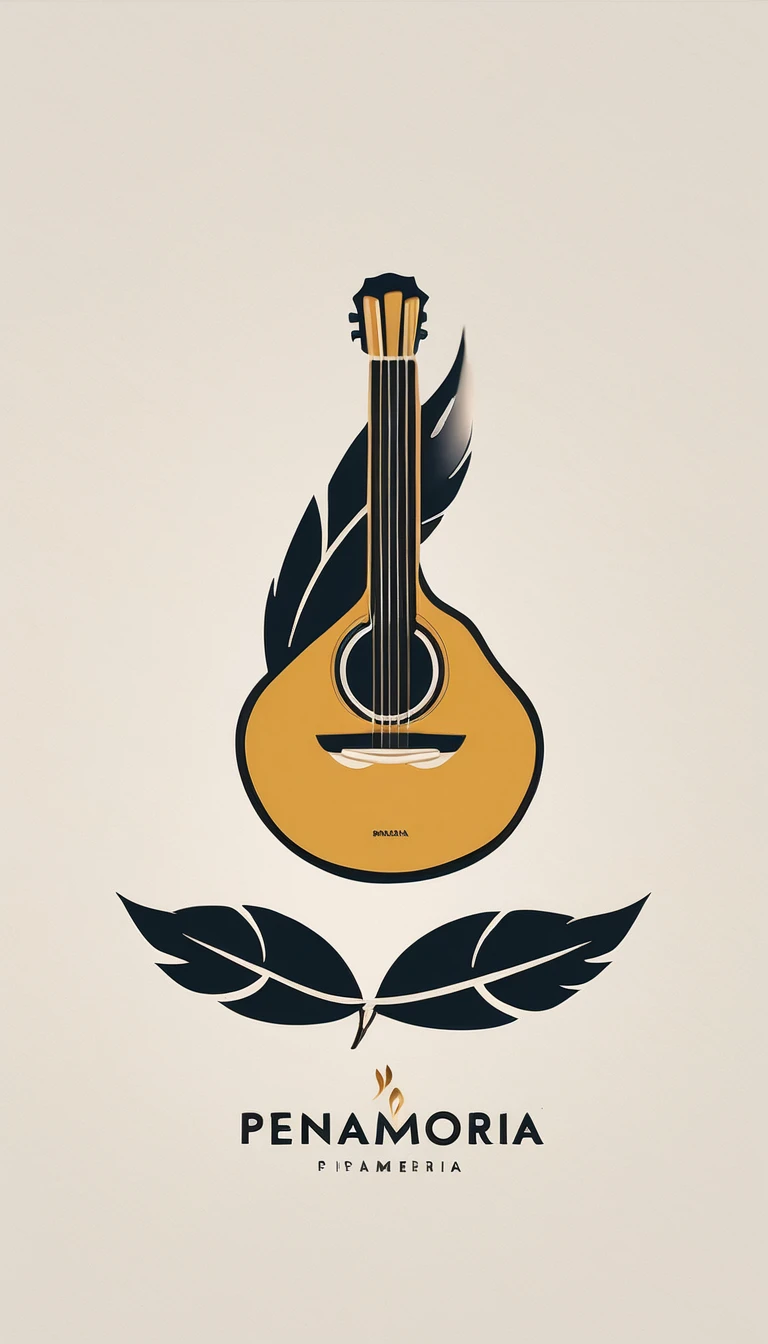 A minimal, modern, simple, cinematic, minimalistic logo design for the brand “Penamemoria". The logo design must convey a inspirational, creative companionship between a simple, poetic feather and a boy with an acoustic guitar. The logo must convey a sense of music, stories and dreams. Logo design impressed on a book cover. Minimalistic logo