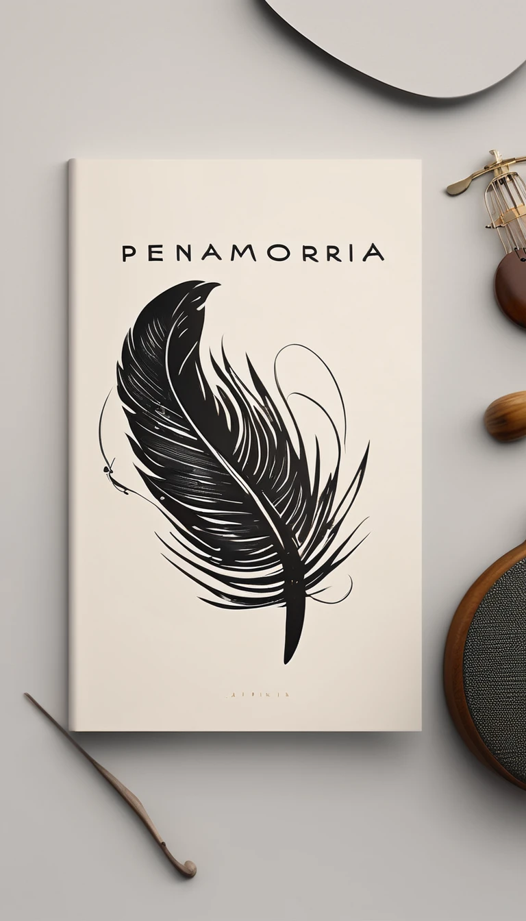 A minimal, modern, simple, cinematic, minimalistic logo design for the brand “Penamemoria". The logo design must convey a inspirational, creative companionship between a simple, poetic feather and a boy with an acoustic guitar. The logo must convey a sense of music, stories and dreams. Logo design impressed on a book cover. Minimalistic logo
