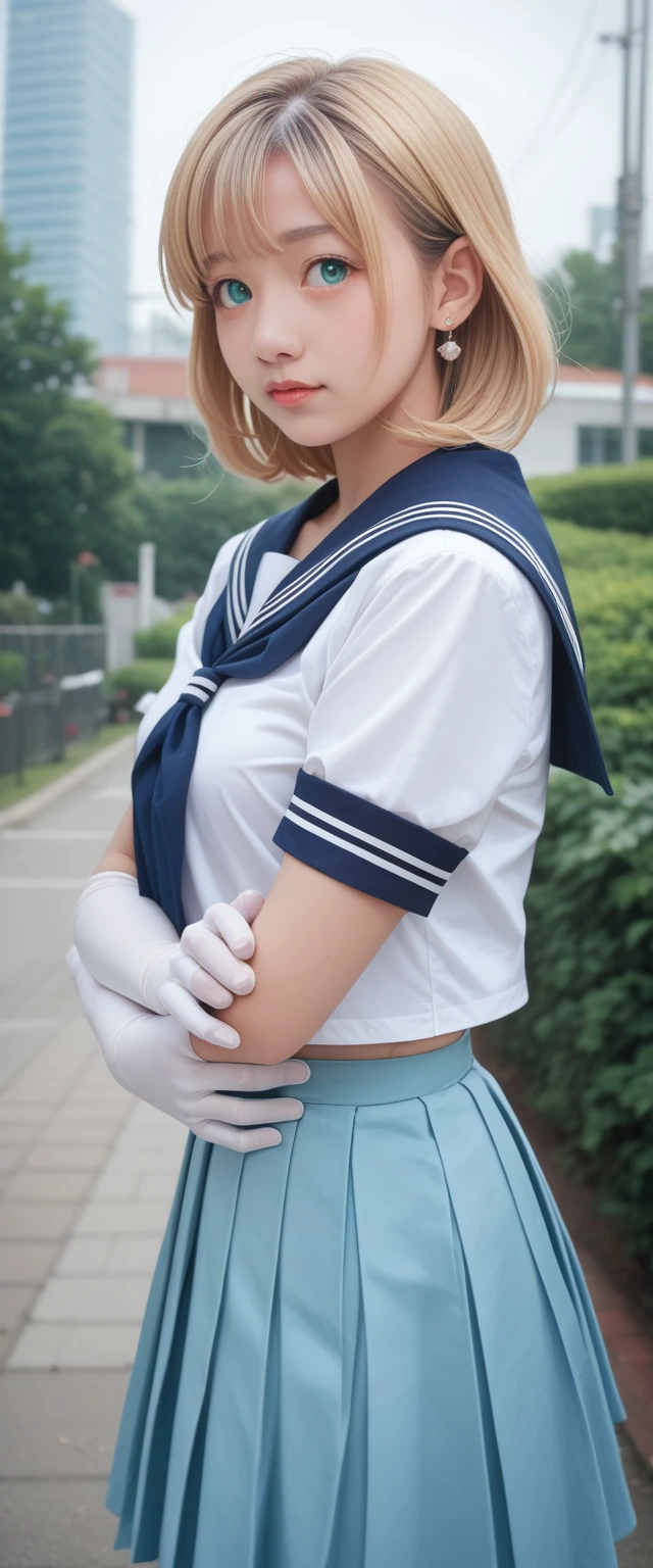 close up, 1 girl, sailor, Tsukino Usagi, (sailor chiseki uniform:1.2), (Aqua eyes:0.9), Blonde Hair, Medium Length Hair, Wedge Skirt, best quality, earrings, masterpiece, high resolution, Intricate details, (Practical)), photography, (White elbow gloves:1.1), Jewelry, Medium breasts, whole body, Dynamic Background, Dynamic poses, White