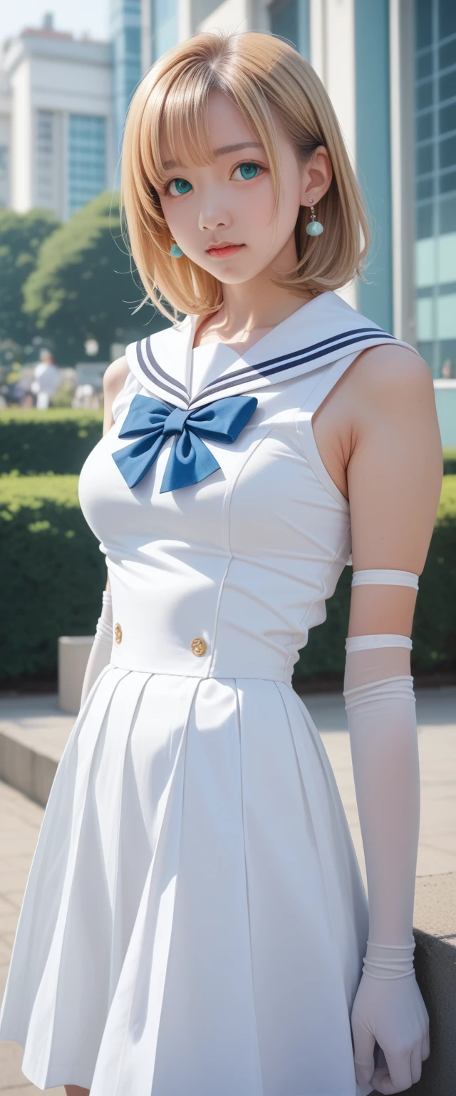 close up, 1 girl, sailor, Tsukino Usagi, (sailor chiseki uniform:1.2), (Aqua eyes:0.9), Blonde Hair, Medium Length Hair, Wedge Skirt, best quality, earrings, masterpiece, high resolution, Intricate details, (Practical)), photography, (White elbow gloves:1.1), Jewelry, Medium breasts, whole body, Dynamic Background, Dynamic poses, White