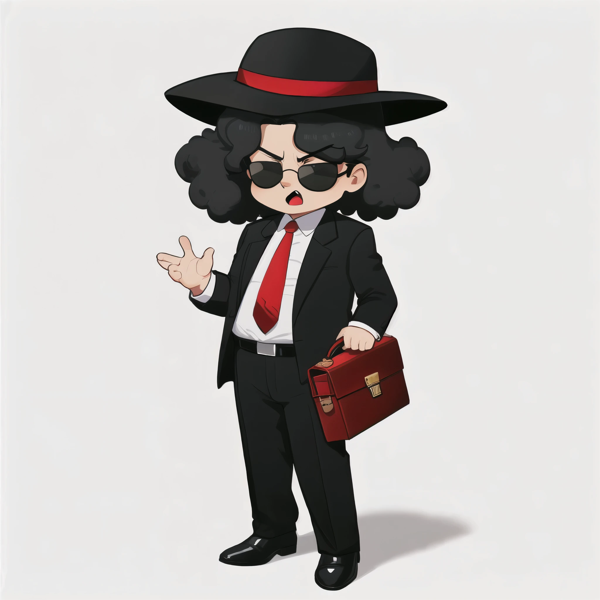 Draw a Cartoon-style character inspired by a mysterious salesman. He must wear a wide-brimmed black hat, sunglasses, have voluminous afro hair, and a black suit with a red shirt. Include a yellow tie and a gray briefcase in your hands. The character must have a confident and charismatic expression, similar to Michael Jackson 
