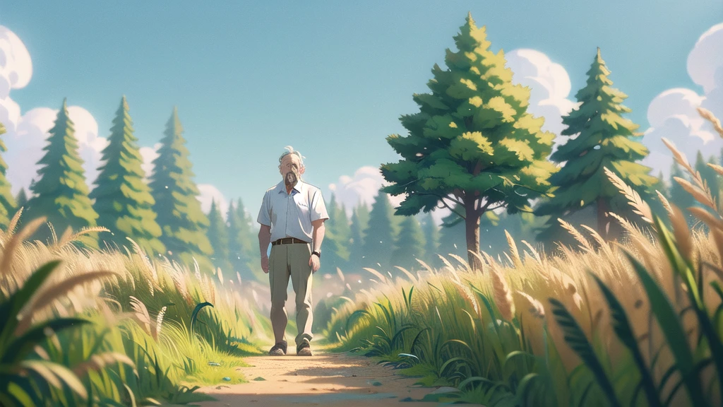 There is an old man in a white shirt standing in a field full of tall golden grass, style of Shinkai Makoto, ,  Xin Haicheng movie, lofi style, Studio Ghibli Sunshine