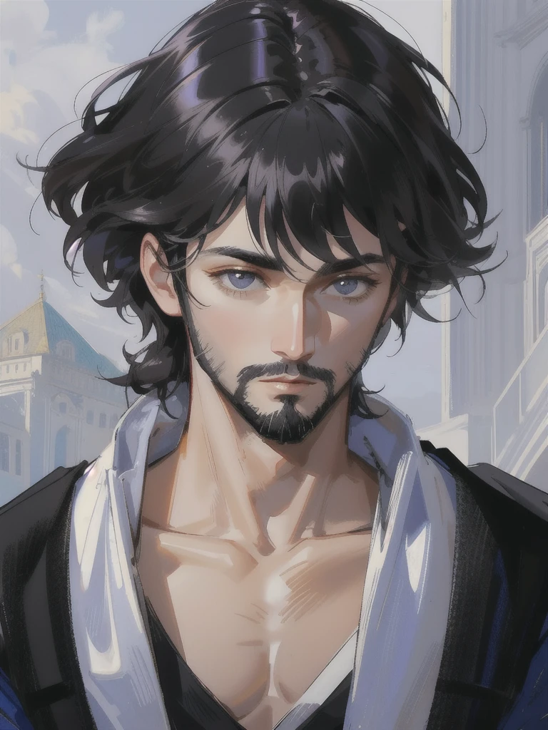 43 years old male with black hair and eyes, calm face, bearded, only focus on body and face, calm demeanor, hide hands, medival outfit, renaisans era.