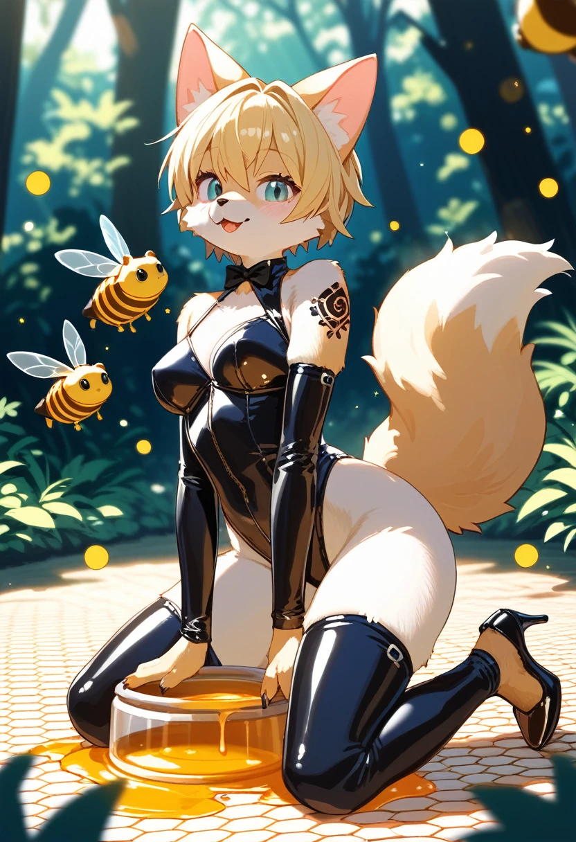 Highest quality, Highest quality, High quality illustrations, masterpiece, Ultra-high resolution, Detailed Background, honeycomb, in the forest, Absurd, Perfect Anatomy, performance, Good lighting, Shadows in the movies(kemono, Furry PersonifiCation), Cat, bee, Honey Latex, Honey Lotion, neon, neonカラー, cyber punk, beeのコスチューム, beeのコスプレ, ゴム製のbeeのしっぽ, beeの羽, enamel, Honey Pool, Honey Lotionを浴びている, bee蜜のスライムで覆われた, Kneeling, Tattoo, High heels, Dynamic Angle