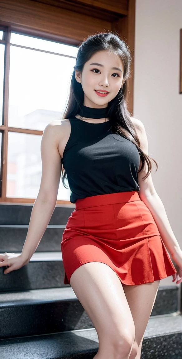 Top quality、8k、 asian woman in a skirt and sneakers posing on a flight of stairs,、(a charming smile:1.2), Princess hairstyle、Large Breasts，Sleeveless knitted shirt、wearing skirt, miniskirt, pleated miniskirt, wearing skirt , thighhighs and skirt, short skirt, mini-skirt, wearing a skirt, in shorts, wide skirts, thighs close up, wearing red shorts, pleated skirt, mini skirt, skirt