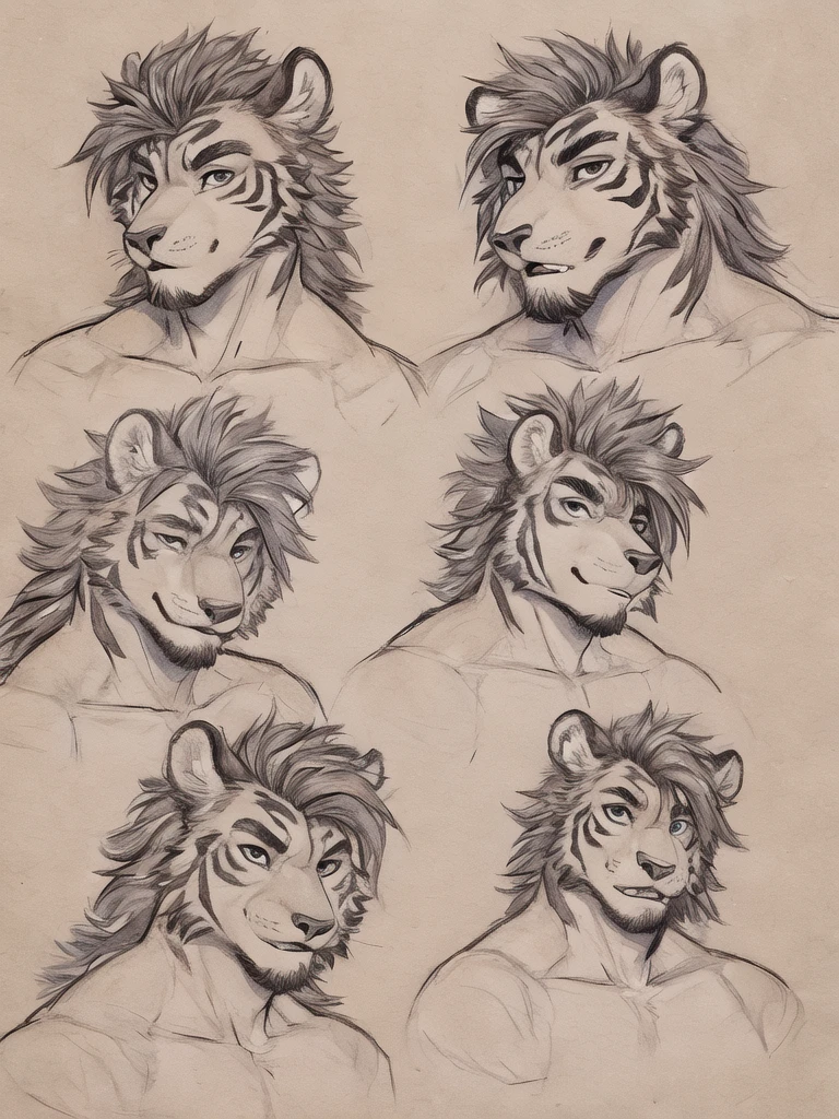 (high quality, highres, anime style), male, tiger, jock, masculine jawline, hunk, seductive, closeup, short curtain hairstyle, curtain haircut, drawing, multiple headshots, sketches, six headshots, combed back top hair, looking directly at viewer, front view, head slightly tilted up, at least 3 sketches, parted hairstyle, brushed back hair