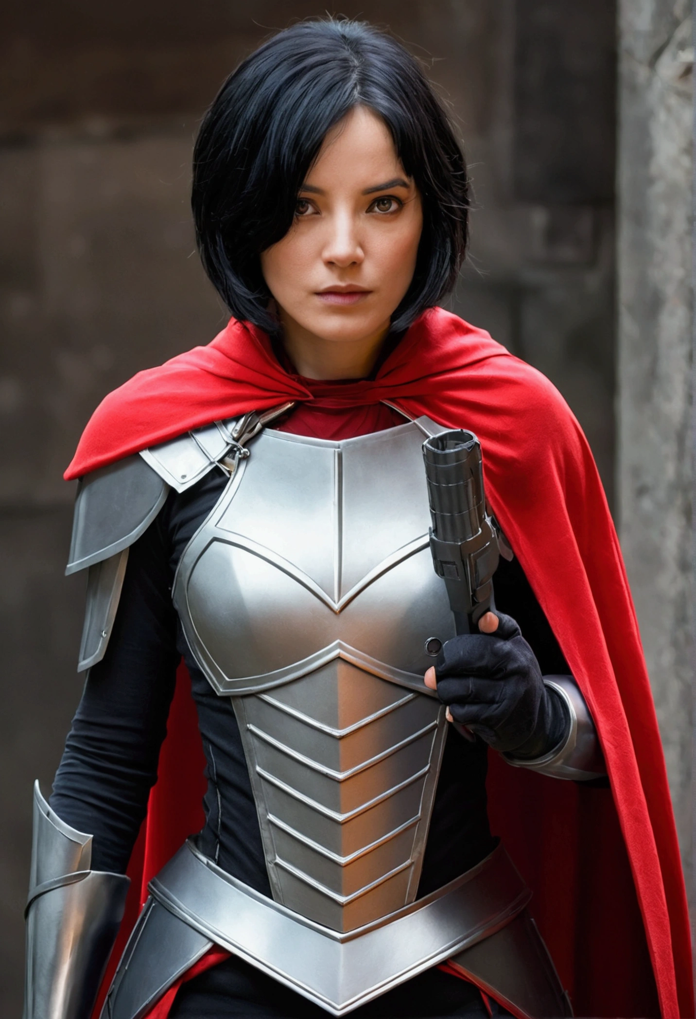 A woman in light armor and a red cape, which has a mask on its face that covers its entire face. This woman has short black hair with gray tips 