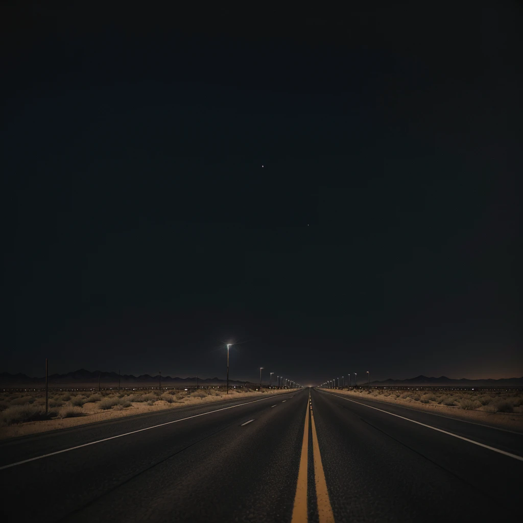 very dark and empty night on a desert highway, with an air of mystery and gloom.
