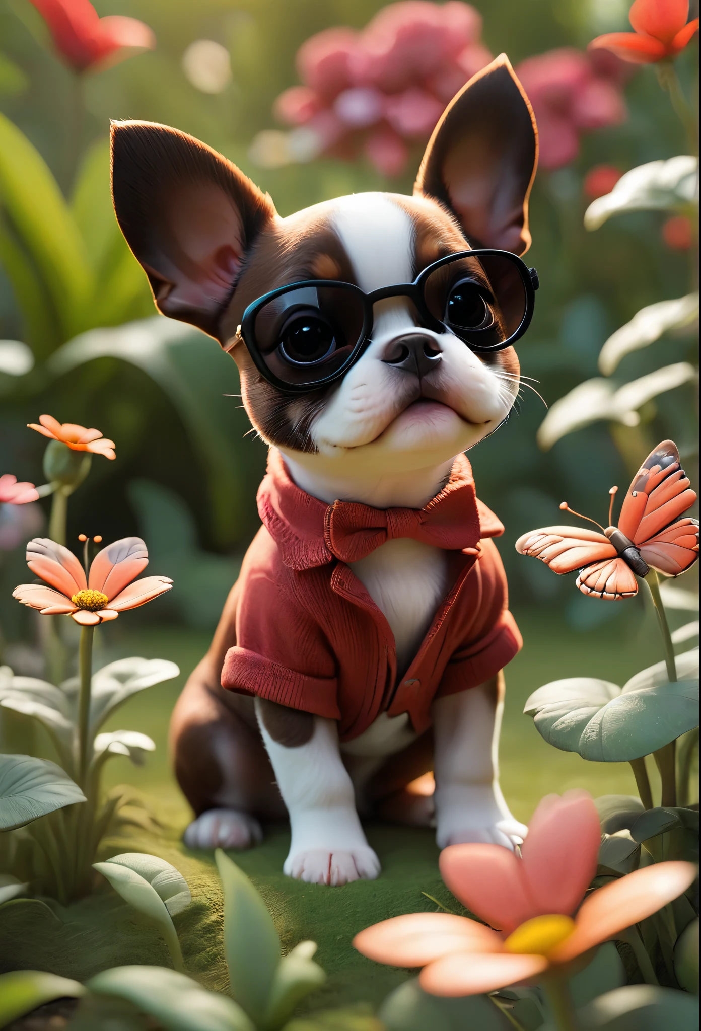 Adorable small red boston Terrior puppy playing at park wearing sunglasses playing at park butterflies and flowers in background 3D Pixar style
