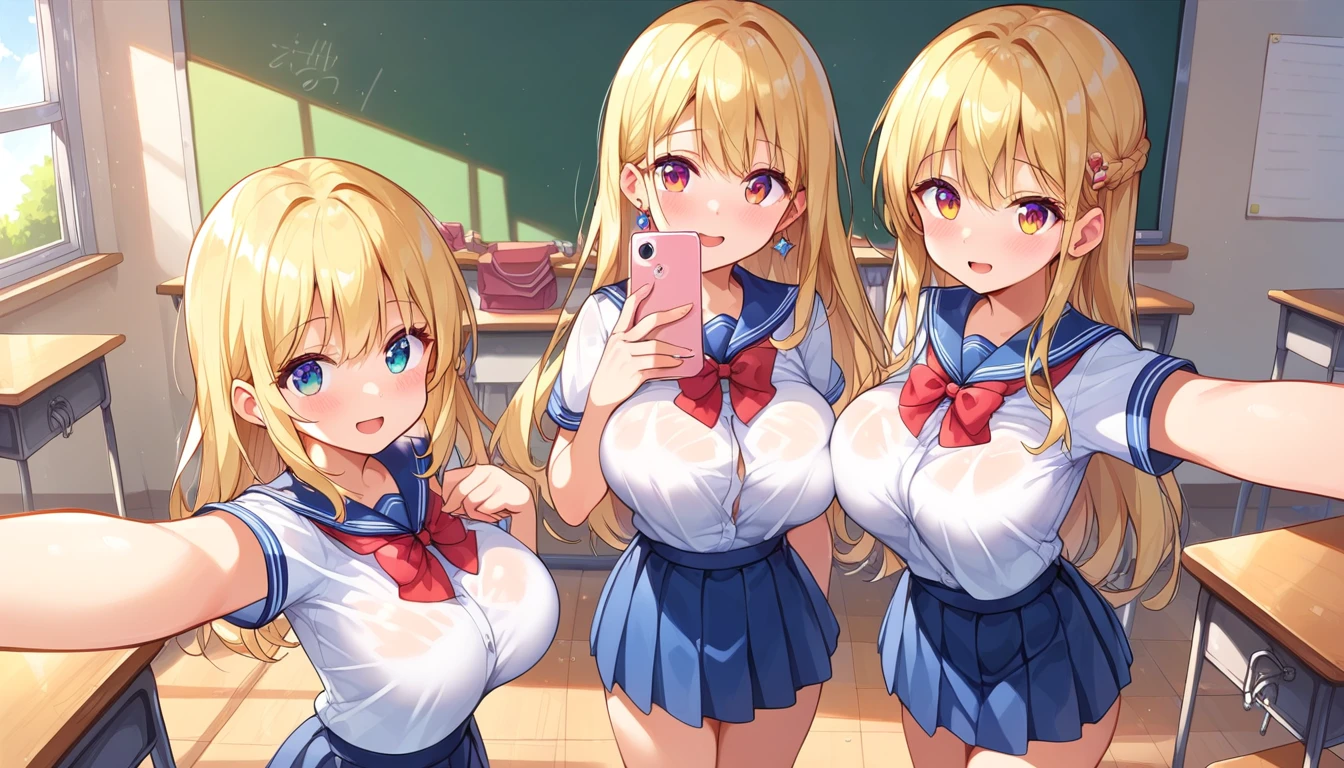 ((2girls:1.3)),((moe style:1.3)), ((classroom:1.3)), ((standing:1.3)), ((selfie:1.3)), ((large breasts:1.3)), ((perfect face)), ((extremely cute:1.3)), ((masterpiece:1.3)), ((8k)), ((best quality:1.3)), ((beautiful)), ((extremely detailed:1.3)), ((score_9:1.3)), ((score_8_up:1.3)), ((score_7_up:1.3)), ((absurdres)), AddXL