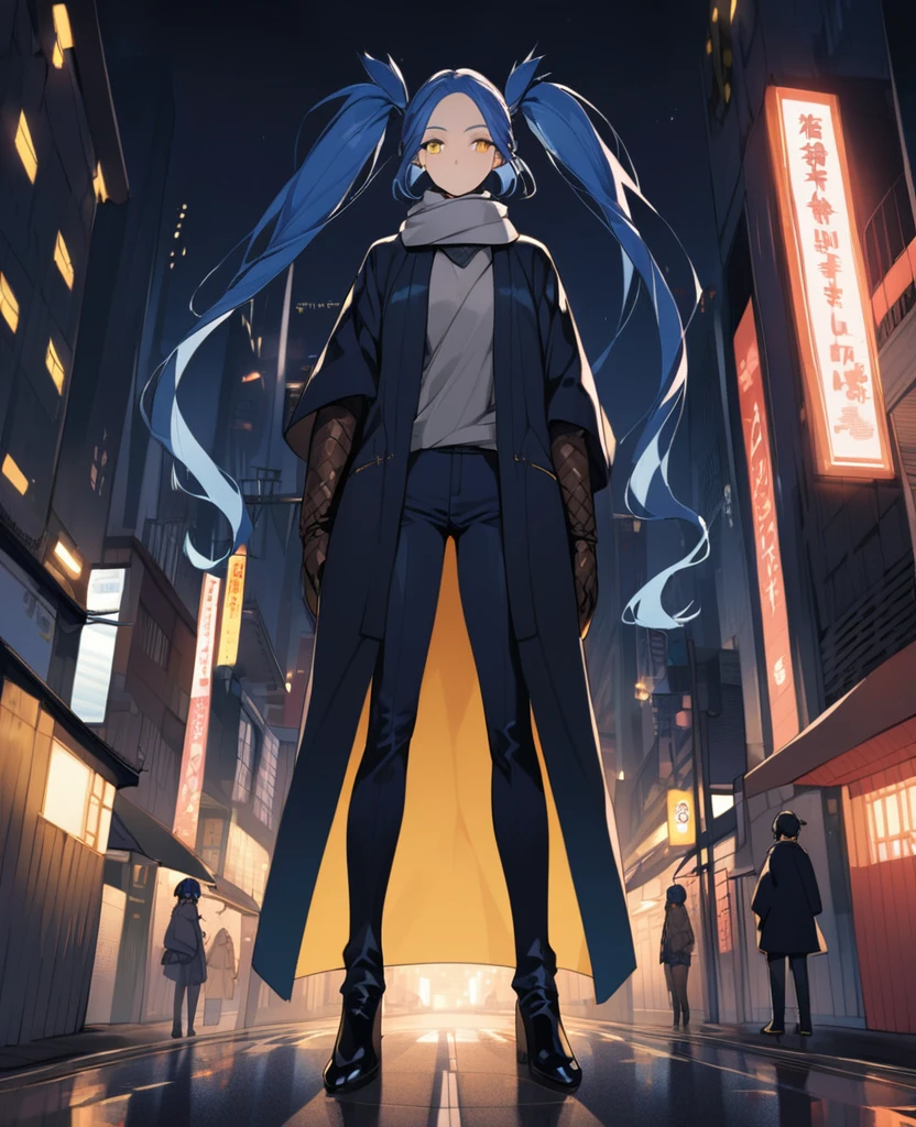 japan city in night(One very tall woman,Her hairstyle is twin tails that expose her forehead.,Navy Blue Hair,yellow eyes,Black haori,Grey scarf around neck,pants,Leather gloves)