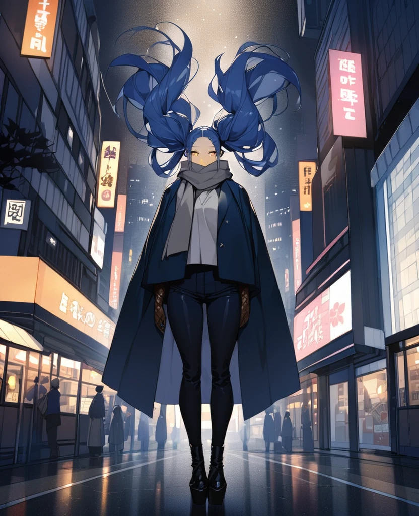 japan city in night(One very tall woman,Her hairstyle is twin tails that expose her forehead.,Navy Blue Hair,yellow eyes,Black haori,Grey scarf around neck,pants,Leather gloves)