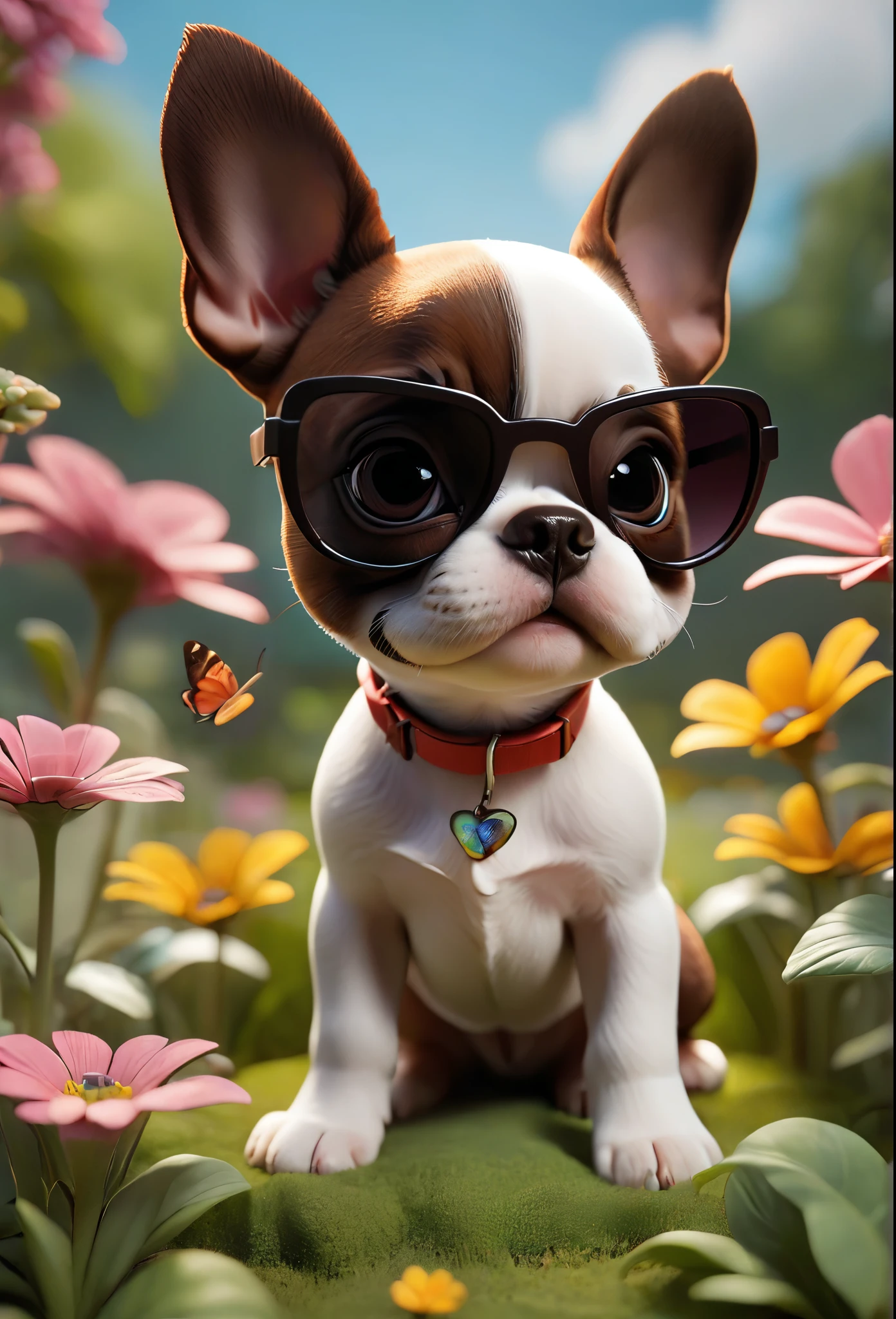 Adorable small red boston Terrior puppy playing at park wearing sunglasses playing at park butterflies and flowers in background 3D Pixar style
