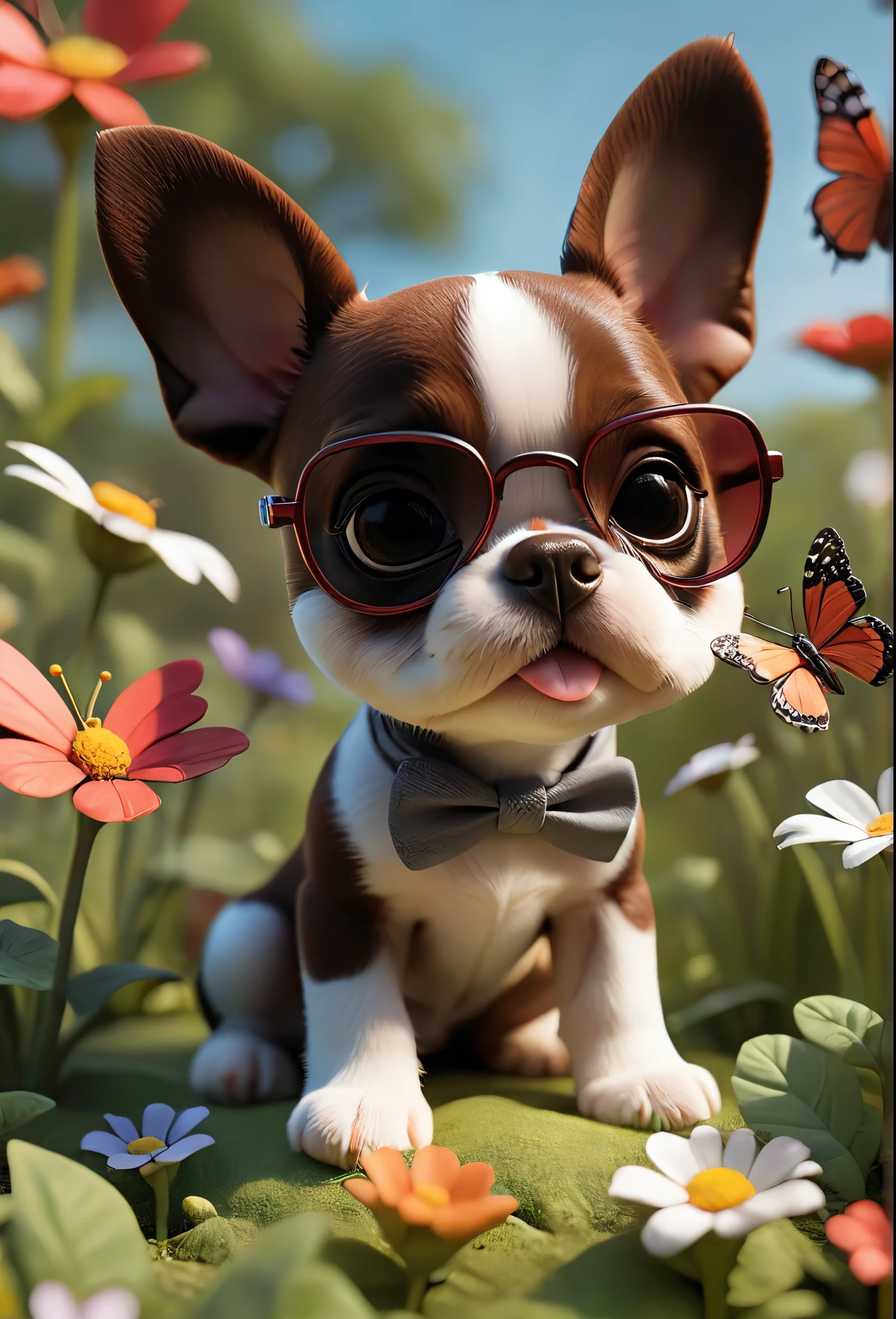 Adorable small red boston Terrior puppy playing at park wearing sunglasses playing at park butterflies and flowers in background 3D Pixar style
