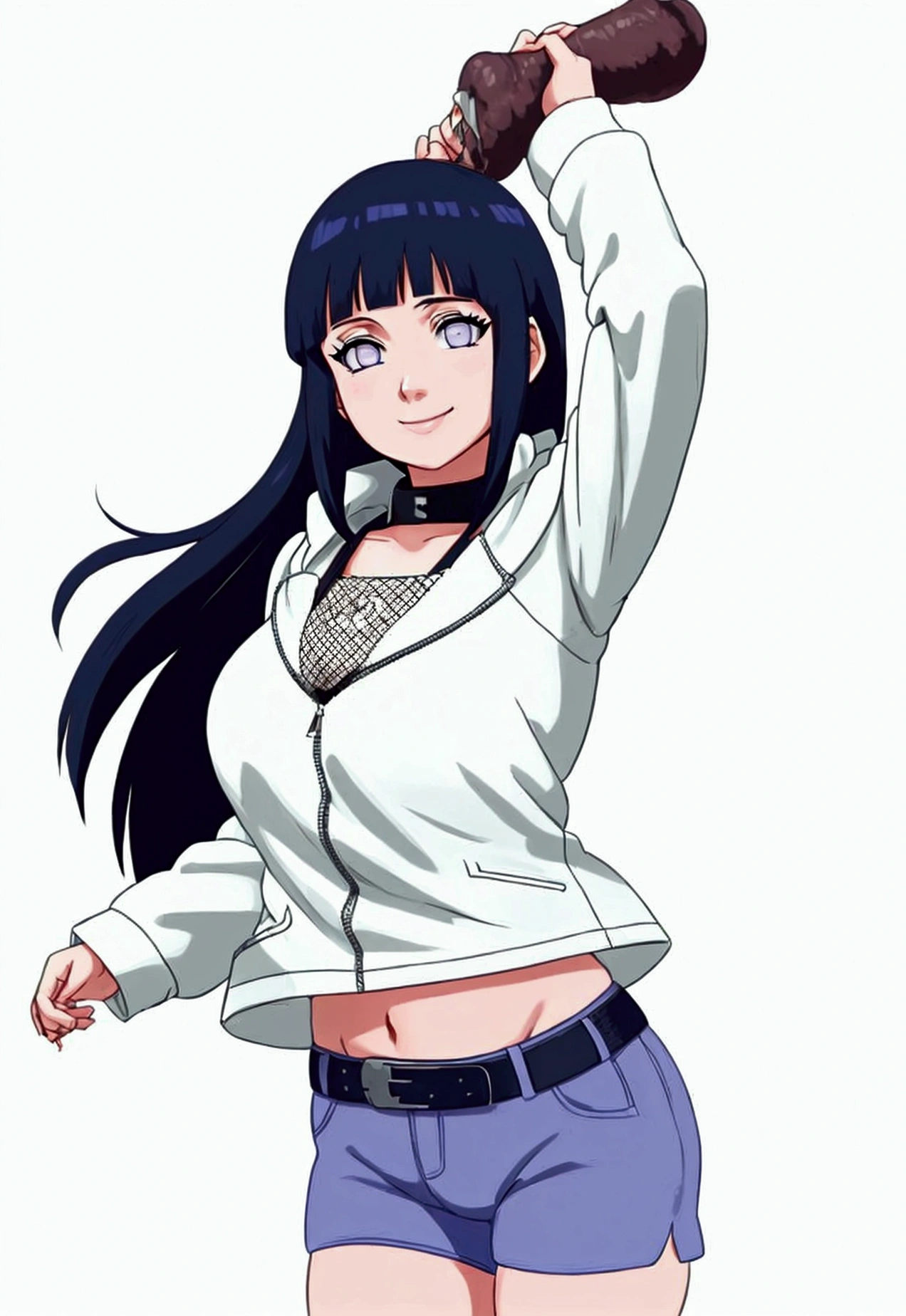 Best quality, absurdres, ultra-detailed,  , hyuuga hinata, smile face,  Emo-Hinata, 1girl, hyuuga hinata, breasts, solo, shorts, long hair, navel, cleavage, large breasts, smile, jacket, looking at viewer, belt, blush, black dick, black hair, white background, white eyes, black dick arms up, smile AND pervert face,  fishnets, midriff, fishnet top, bangs, blunt bangs, big dick, smile AND pervert face, simple background, white jacket, open clothes, short shorts, thighs, purple eyes, stomach, collarbone, big dick, long sleeves