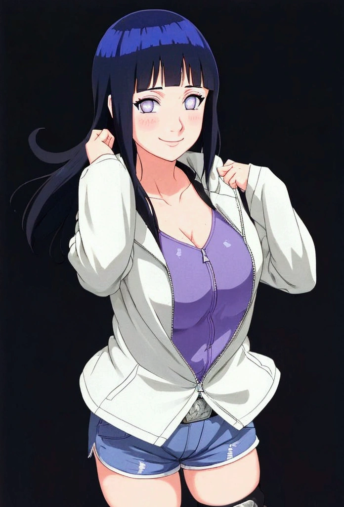 Best quality, absurdres, ultra-detailed,  , hyuuga hinata, smile face,  Emo-Hinata, 1girl, hyuuga hinata, breasts, solo, shorts, long hair, navel, cleavage, large breasts, smile, jacket, looking at viewer, belt, blush, black dick, black hair, white background, white eyes, black dick arms up, smile AND pervert face,  fishnets, midriff, fishnet top, bangs, blunt bangs, big dick, smile AND pervert face, simple background, white jacket, open clothes, short shorts, thighs, purple eyes, stomach, collarbone, big dick, long sleeves