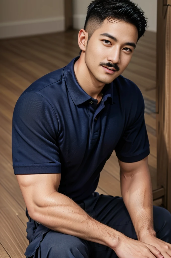 Masterpiece, best quality, high resolution, realistic, handsome, Take beautiful photos, A photo of a 35-year-old Gym Association member sitting on the floor. (The man has a thin mustache.) ,Full body, Portrait, standing on stairs, make military media, weight, Amazing , Buzzcut short hair,stubble head , (Hyper Muscle),looking at the audience, Flirt with the camera, charming, (Tight navy blue polo shirt Cargo pants ),(GS-Male:1), 8k,Bokeh,Portrait,look at the viewer, smile 