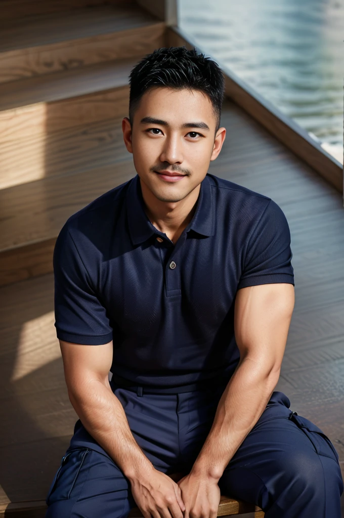 Masterpiece, best quality, high resolution, realistic, handsome, Take beautiful photos, A photo of a 35-year-old Gym Association member sitting on the floor. (The man has a thin mustache.) ,Full body, Portrait, standing on stairs, make military media, weight, Amazing , Buzzcut short hair,stubble head , (Hyper Muscle),looking at the audience, Flirt with the camera, charming, (Tight navy blue polo shirt Cargo pants ),(GS-Male:1), 8k,Bokeh,Portrait,look at the viewer, smile
