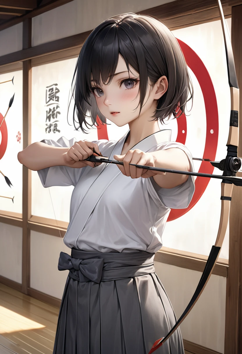 {{masterpiece、Highest quality、(((Realistic、Realistic:1.37)))、One Girl, 8K quality、Very delicate and beautiful、wonderful、Large file size、Very detailed、Very detailed、Cinema Lighting}}、Small breasts, Hinyuu,Tomboy,Looks like a boy,Very short hair,Black Hair,Boys Haircut,Short sleeve,,Bow and Arrow,Target,aiming Target,(White kimono) (Gray Hakama),kimono,Japanese Dojo, Drawing Bow Anatomically Accurate Body Drawing、The rooms and gardens of Japanese feudal lords'residence of、With a bow and arrow in hand,Combat Stance