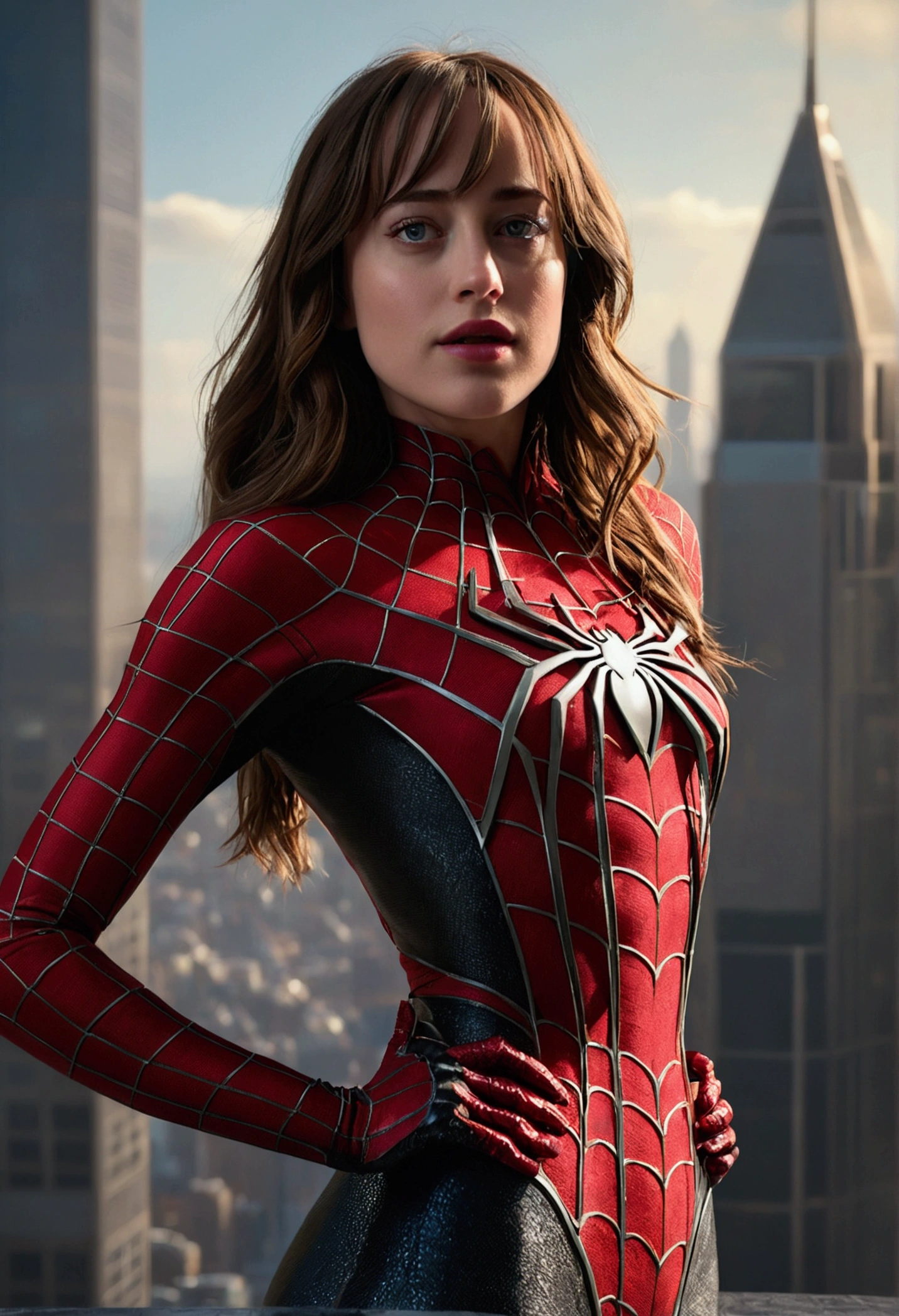 Highly detailed RAW photo of Dakota Johnson wearing sexy spider woman costume standing on a tall skyscraper, dynamic pose, (wide hips), (detailed ), (detailed lips), (detailed eyes), (Sci-Fi setting) (detailed face), (curvy), detailed eyes, depth of field, soft lighting, masterpiece, best quality, intricate, (lens flare:0.7), (bloom:0.7), particle effects, raytracing, tone mapped, highly detailed, concept art, smooth, sharp focus, dramatic lighting, highly detailed artwork, cinematic, hyper realistic painting, trending on Artstation, 8K, incredible shadows, realistic, (highly detailed background:1.2), art by midjourney