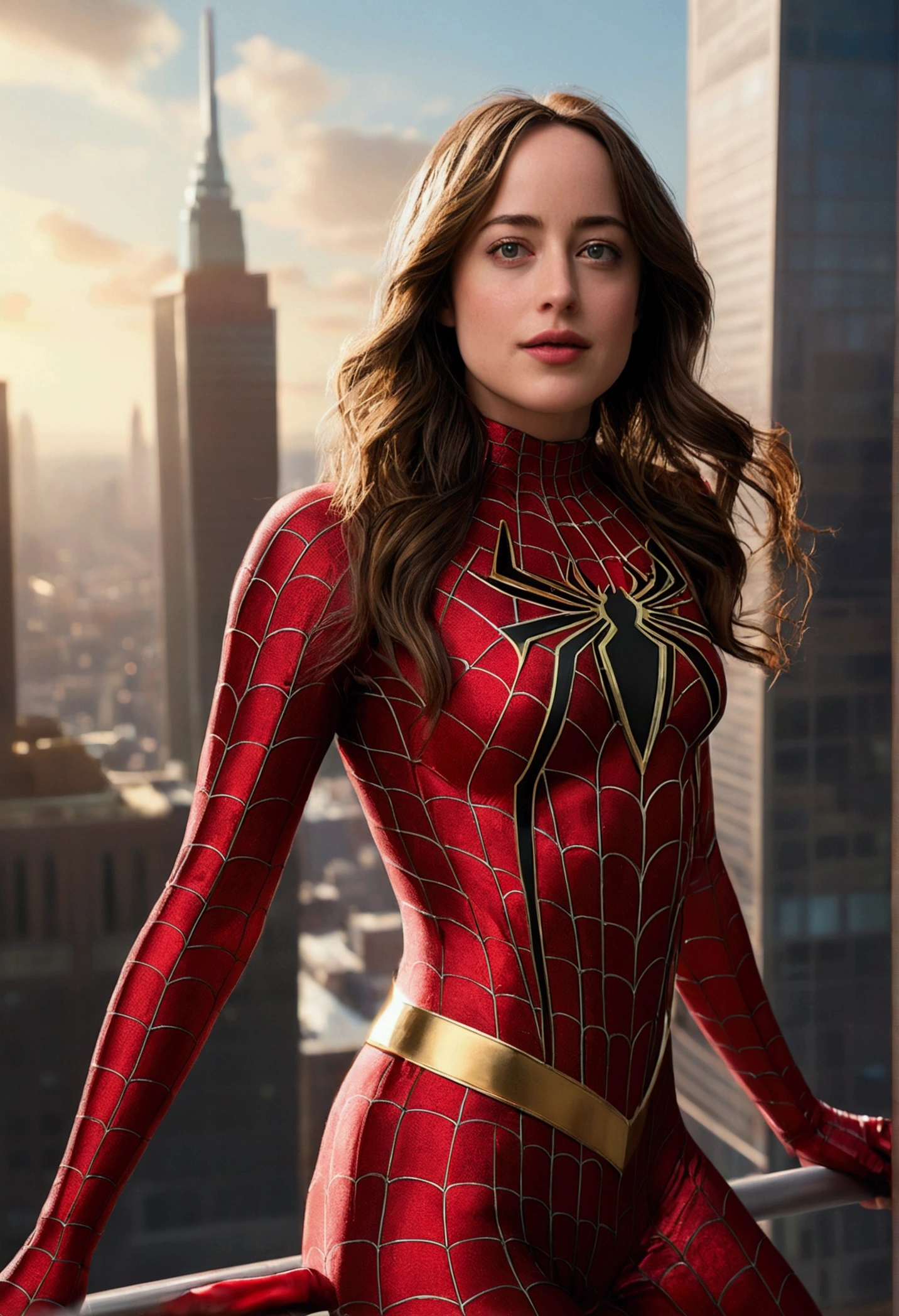 Highly detailed RAW photo of Dakota Johnson wearing sexy spider woman costume standing on a tall skyscraper, dynamic pose, (wide hips), (detailed ), (detailed lips), (detailed eyes), (Sci-Fi setting) (detailed face), (curvy), detailed eyes, depth of field, soft lighting, masterpiece, best quality, intricate, (lens flare:0.7), (bloom:0.7), particle effects, raytracing, tone mapped, highly detailed, concept art, smooth, sharp focus, dramatic lighting, highly detailed artwork, cinematic, hyper realistic painting, trending on Artstation, 8K, incredible shadows, realistic, (highly detailed background:1.2), art by midjourney