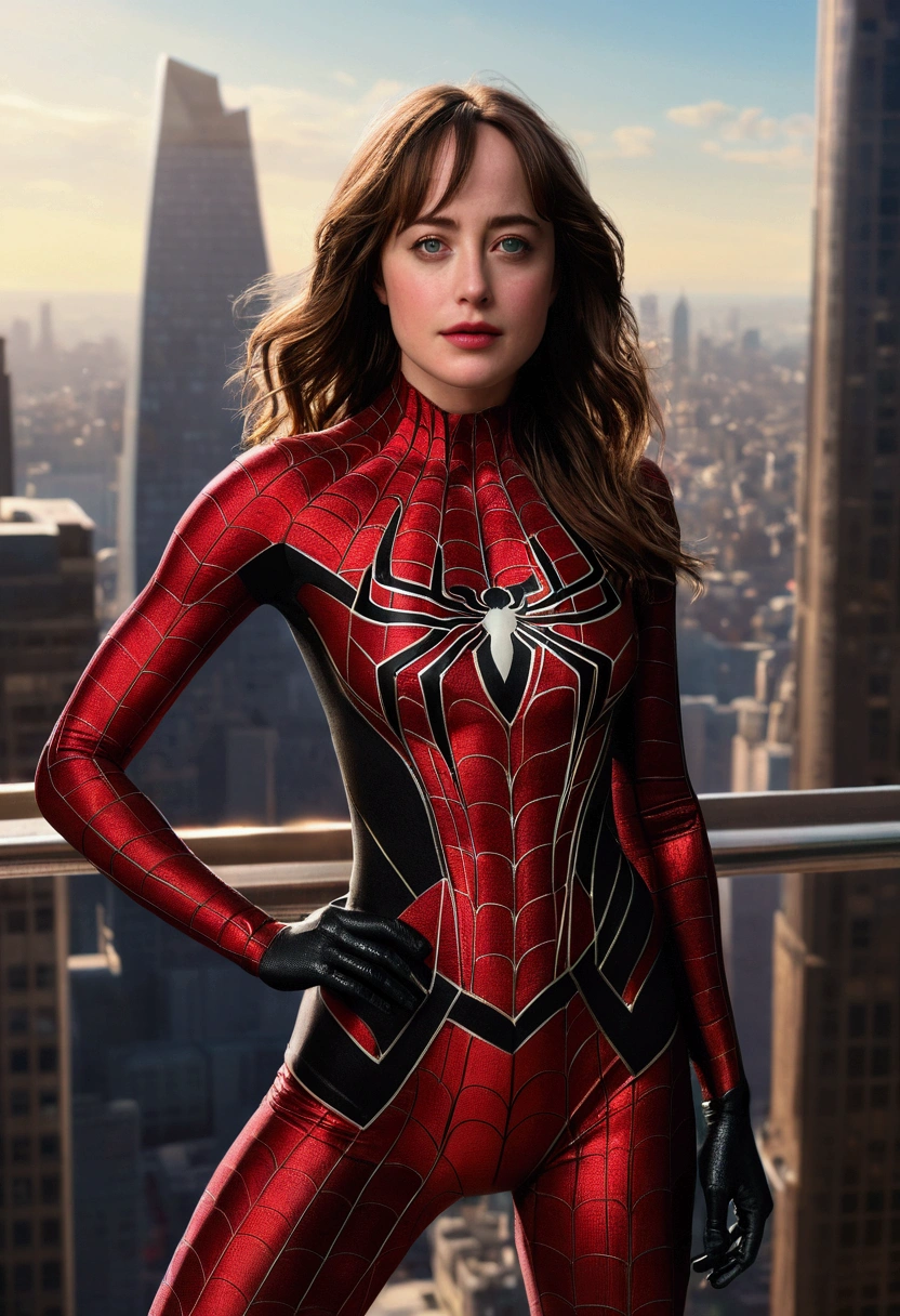Highly detailed RAW photo of Dakota Johnson wearing sexy spider woman costume standing on a tall skyscraper, dynamic pose, (wide hips), (detailed ), (detailed lips), (detailed eyes), (Sci-Fi setting) (detailed face), (curvy), detailed eyes, depth of field, soft lighting, masterpiece, best quality, intricate, (lens flare:0.7), (bloom:0.7), particle effects, raytracing, tone mapped, highly detailed, concept art, smooth, sharp focus, dramatic lighting, highly detailed artwork, cinematic, hyper realistic painting, trending on Artstation, 8K, incredible shadows, realistic, (highly detailed background:1.2), art by midjourney