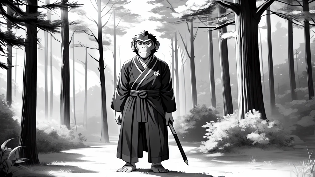 ((Masterpiece, high quality, best graphics, high definition, high definition, 4k)), old photo, vintage photo, 1 Monkey boy, (Solo), (((monkey ears, monkey tail))), ((upper body)), Wooden Katana in right hand, old samurai suit, old samurai pants, (ribbon on waist), wooden sandals, looking away, standing, (((monochrome, grayscale, pencil style, old movie style, noise, VHS movie, anime style))), (forest background, trees, tree shadow, grass, (((Saru to kani no Gassen anime 1917 style))).