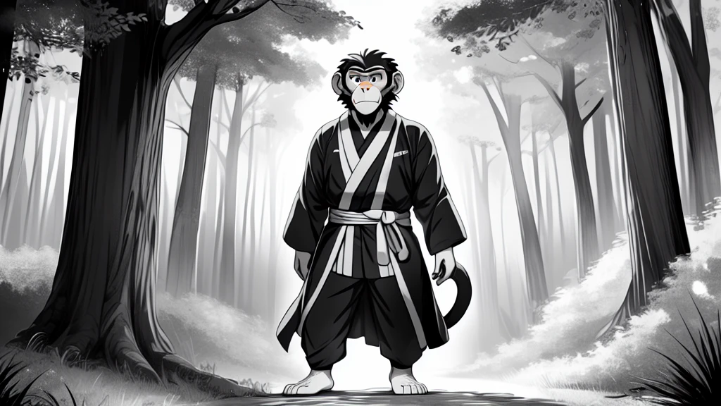 ((Masterpiece, high quality, best graphics, high definition, high definition, 4k)), old photo, vintage photo, 1 Monkey boy, (Solo), (((monkey ears, monkey tail))), ((upper body)), Wooden Katana in right hand, old samurai suit, old samurai pants, (ribbon on waist), wooden sandals, looking away, standing, (((monochrome, grayscale, pencil style, old movie style, noise, VHS movie, anime style))), (forest background, trees, tree shadow, grass, (((Saru to kani no Gassen anime 1917 style))).