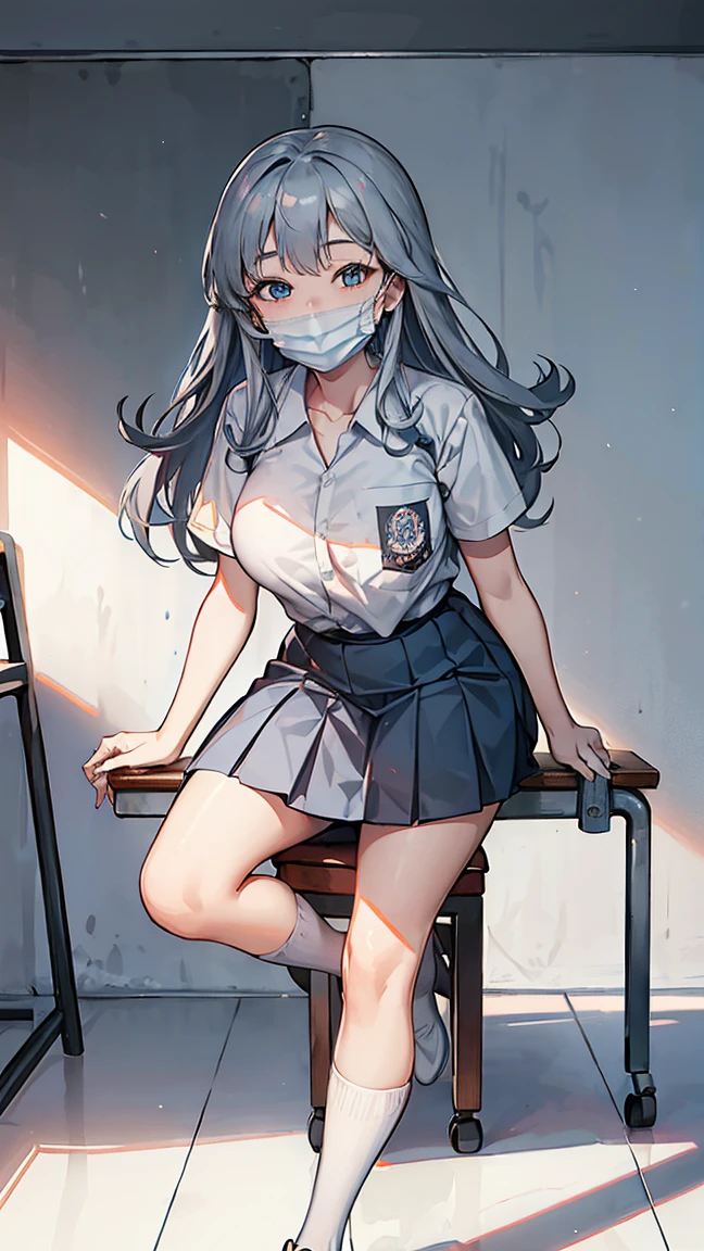 1 woman, 17 years old, (long curls, grey hair), scared face expression, plump body, blue eyes, Indonesian high-school uniform, (smile:1.4), osis logo on shirt pocket, huge XL breasts, light-grey pleated skirt, sitting on a chair, seductive pose, full body shot, smiling, in the classroom, wearing a mask (white surgical mask, surgical mask fit his face:1.2).