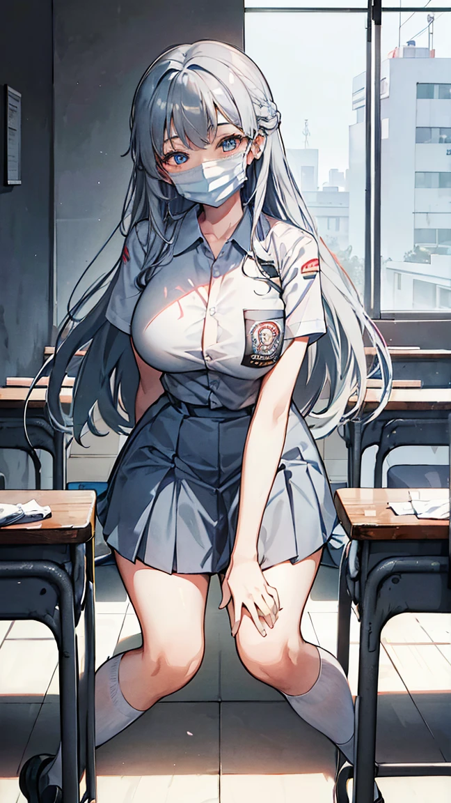 1 woman, 17 years old, (long curls, grey hair), scared face expression, plump body, blue eyes, Indonesian high-school uniform, (smile:1.4), osis logo on shirt pocket, huge XL breasts, light-grey pleated skirt, sitting on a chair, seductive pose, full body shot, smiling, in the classroom, wearing a mask (white surgical mask, surgical mask fit his face:1.2).