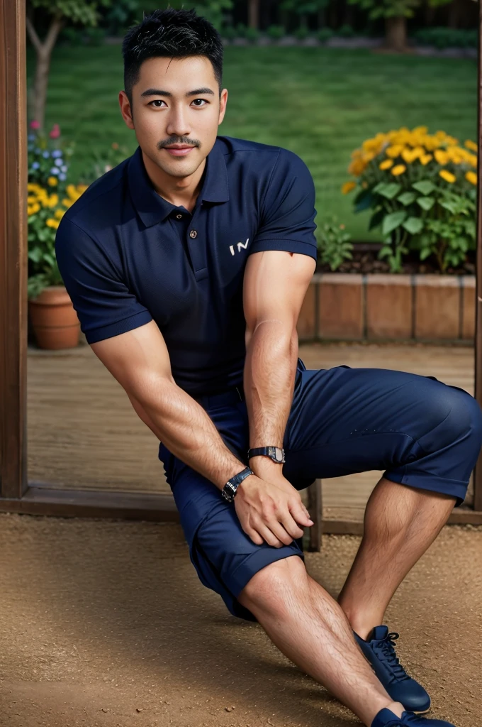 Masterpiece, best quality, high resolution, realistic, handsome, Take beautiful photos, A photo of a 35-year-old Gym Association member sitting on the floor. (The man has a thin mustache.) ,Full body, Portrait, standing in the garden, make military media, weight, Amazing , Buzzcut short hair,stubble head , (Hyper Muscle),looking at the audience, Flirt with the camera, charming, (Tight navy blue polo shirt Cargo pants ),(GS-Male:1), 8k,Bokeh,Portrait,look at the viewer, smile