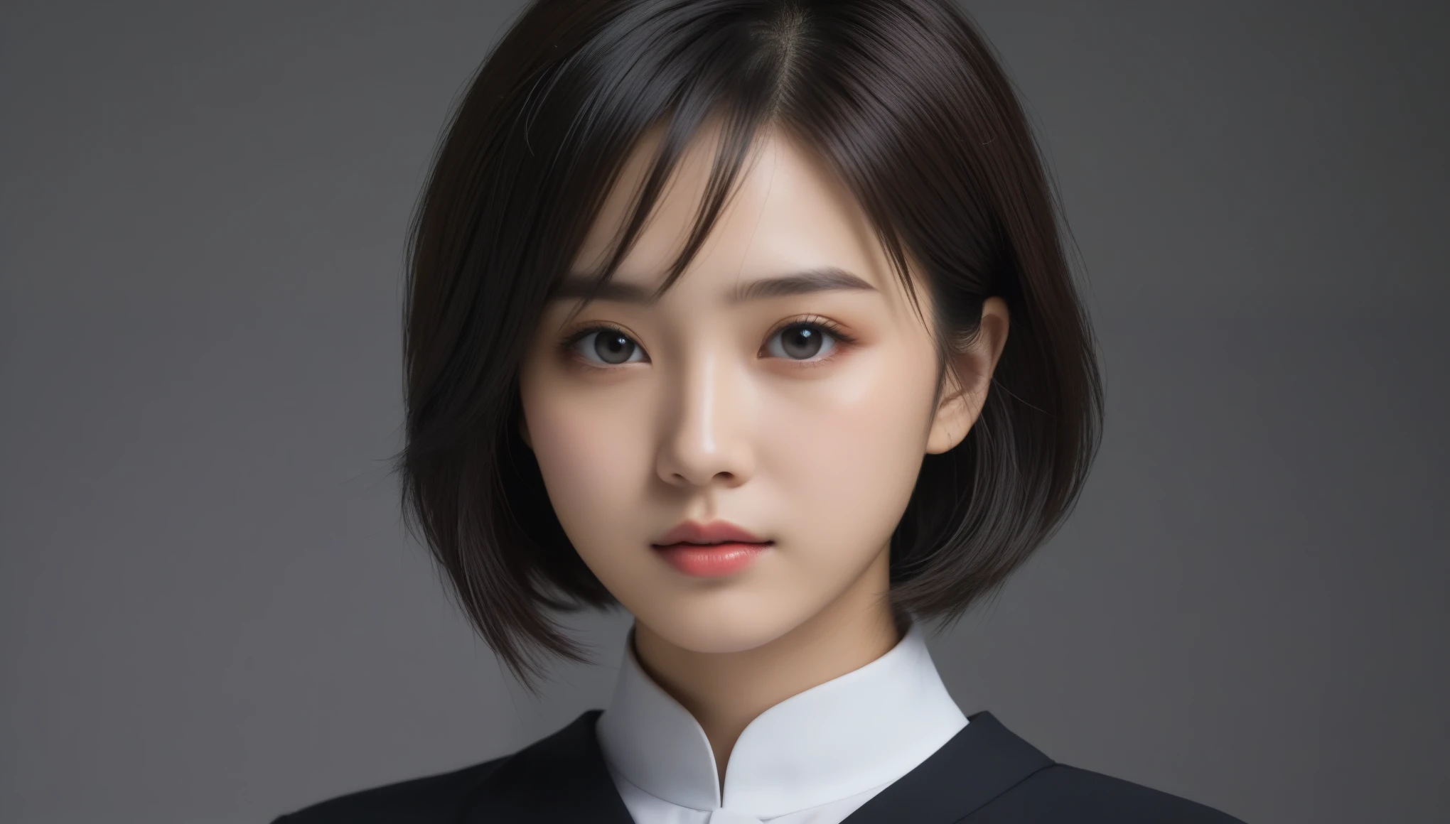 8k, Ultra-high resolution, Highest quality, masterpiece, 三分割法によるphotograph,Surreal, photograph, 1 Girl, (:1.3), pretty girl, Cute Face, Beautiful eyes in every detail, 細かくdetailedに,masterpiece,One Girl:1.2, Japan Female Announcer,extream close up,sad,streaming tears,Black short hair,Messy hair,(black suit:1.3),Nun's clothing,(印象派の美しい少女のPortraiture), (Gray background:1.3),(Impressionist light and colour),prayer,Realistic Skin, Perfect and beautiful face ,完璧でCute Face, Skin with attention to detail, Perfect limbs、Narrow waist,Looking at the audience、beauty,Long neck,clavicle,(((Ideal body type))),A cup small breasts :2,Portraiture:2,Perfect Anatomy,鮮明なdetailed,detailed,Surreal,Light and shadow,spotlight