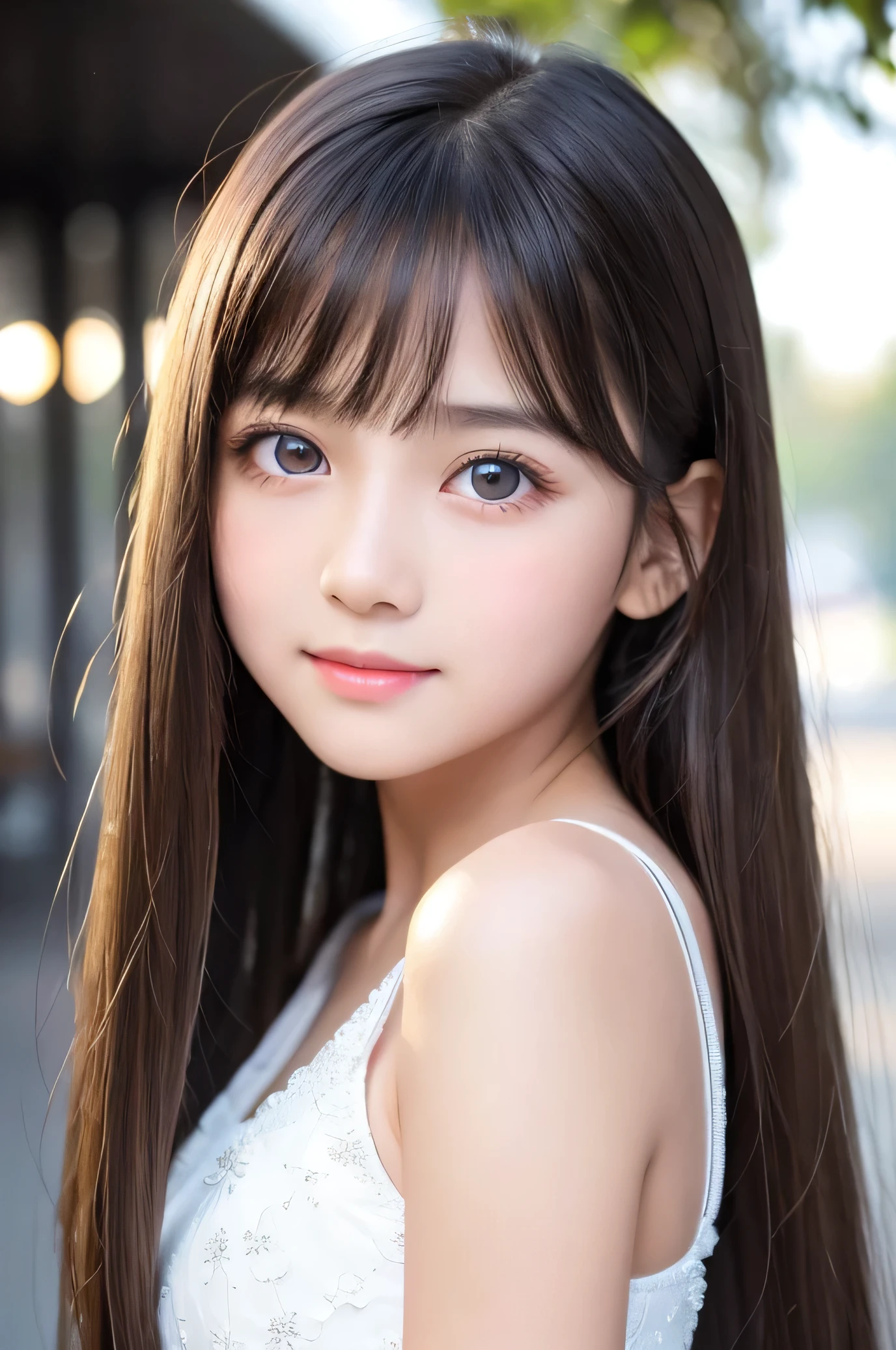 the cutest face,sparkling clear attractive large glowing eyes, 11 yo,very beautiful cute girl, exquisite smooth and silky hair, white fair skin