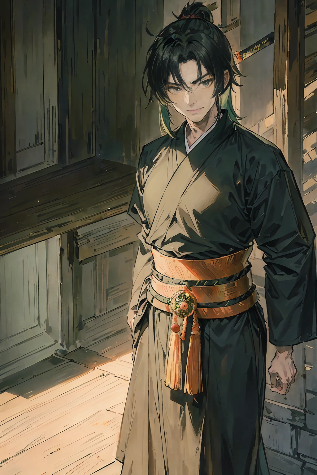 Ninja male, a green haired , wearing a black ninja armor, long hair, fasion hair, samurai armor, slim body, shirt ornament, hakama, tall 180cm, 18yearold, samurai, katana, male, handsome, earing, smiley facr