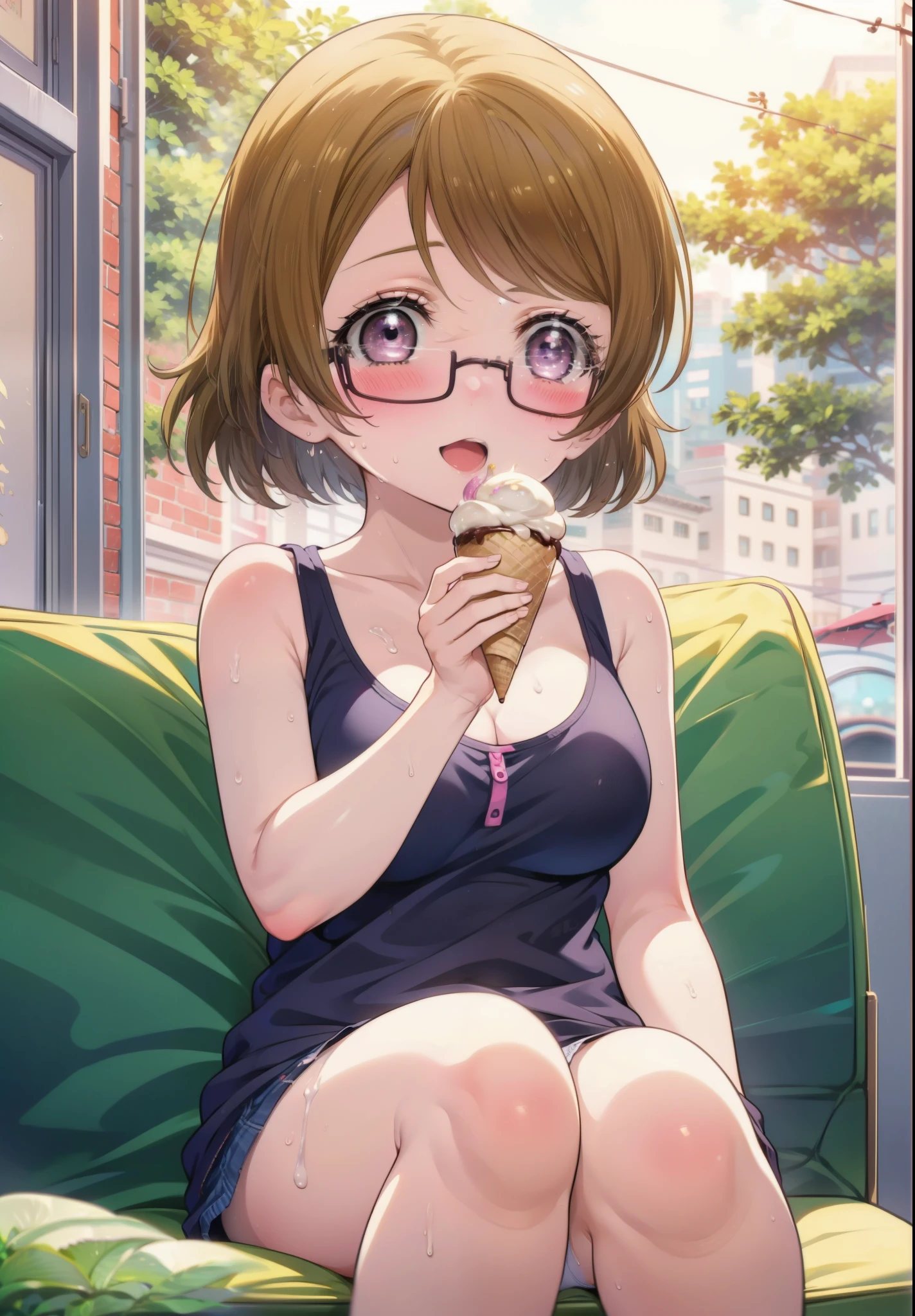 Hanayo Koizumi, hanayo　Koizumi, short hair, Brown Hair, Purple eyes,Big Breasts,happy smile,Open your mouth, smile,Black-rimmed glasses,Green Tank Top,white string underwear,barefoot,Holding ice cream in both hands,Eating ice cream,Sitting on the sofa,whole bodyがイラストに入るように,Daytime,Clear skies,Sweat,　　　　　　　　　　　　　　　　　　　break looking at viewer, whole body,(Cowboy Shot:1. 5) 　　　　　　　　　　　　　　　　　　　break indoors,  　　　　　　　　　　　break (masterpiece:1.2), Highest quality, High resolution, unity 8k wallpaper, (shape:0.8), (Beautiful attention to detail:1.6), Highly detailed face, Perfect lighting, Extremely detailed CG, (Perfect hands, Perfect Anatomy),