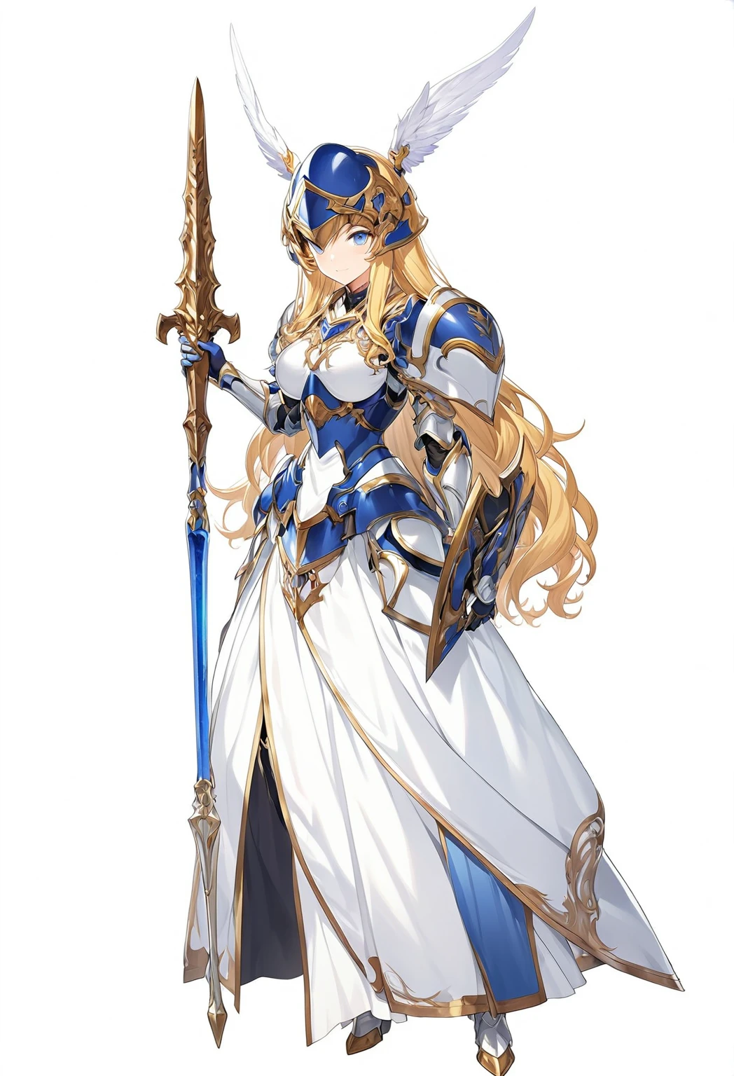 high quality, high resolution, high qualityのゲームアートスタイル, whole body,valkyrie,perfect hand,Official Art, Smooth game CG art, Visual Novel Sprites, White background,Smooth game CG art, (((Woman with a gun))),Woman wearing a white dress and blue armor, An intricately designed helmet with white feathers,Small shield, (((In his right hand he holds an elaborate spear))),Exquisite Blue Armor,Golden Hair, long hair, blue eyes,female knight, Rin々Shii,Large Bust,20-year-old