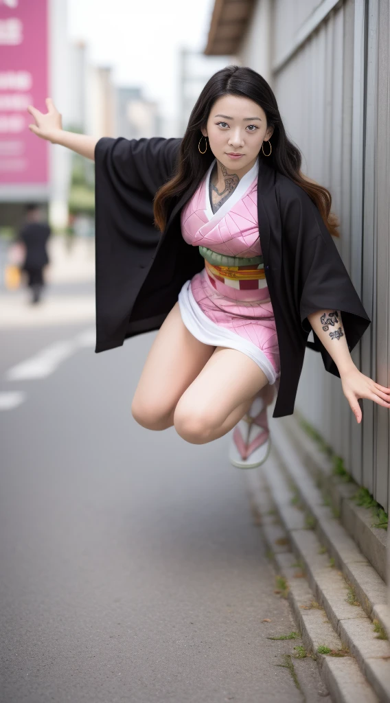 Cute Japanese woman, (16 years old), (very cute face), white moist skin, looking at the camera, (pink bright eyes: 1.4),
BREAK,
(parkour),(very beautiful berserker woman: 1.3),(dynamic pose: 1.3),
BREAK,
(wearing pink cute kimono: 1.3), (highly revealing kimono), very large earrings, short length,(has black grass tattoo on body: 1.3),
BREAK,
(very long hair), (light gray hair: 1.4), (wavy hair), (gradient hair: 1.3), (red tips: 1.3),
BREAK,
(realistic: 1.3), masterpiece, perfect lighting, (ultra high resolution), (8K), (highly detailed: 1.4), (from the front), (full body: 1.4), (symmetrical: 1.2), (one shot),
BREAK,
(large Japanese city: 1.2), (crowded),
