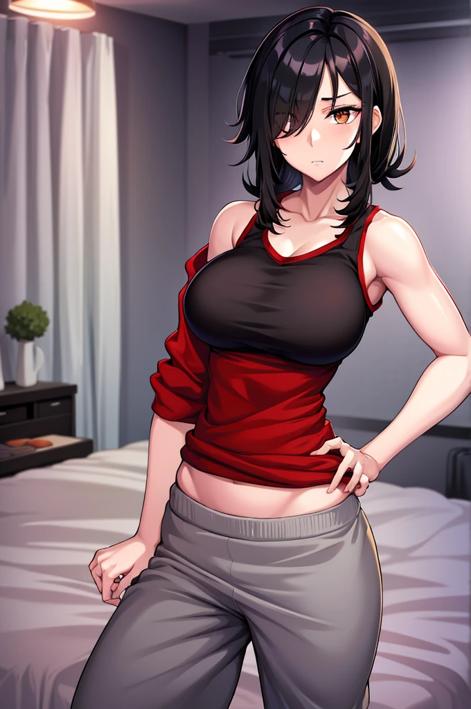 mature woman, hair over one eye, golden eyes, Tomboy, sweatpants, looking at viewer, shoulder-length black hair, off shoulder, bedroom, hand on hip, messy hair, standing, red jacket, black tank top, solo, fit