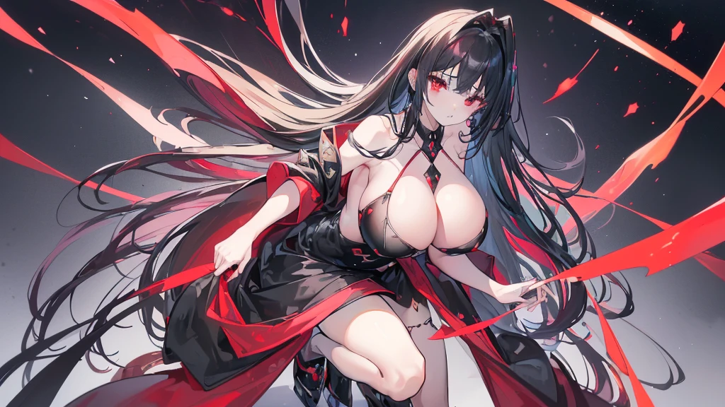 (Exquisite eyes),(Clear and beautiful eyes:1.61),masterpiece, 1 young girl,(Black clothes and some red gems), Black long hair, (She has a huge red gem on her chest), Good Hand,((The Havoc of StarCraft)),full-body shot,Fighting Stance,(Red Eyes:1.466)，short and small,(Very big breasts:1.35),(Pretty Face),(full-body shot:1.33),Beautiful hands