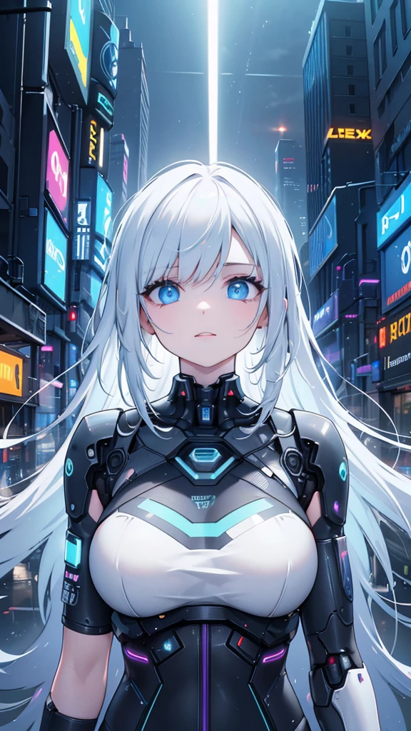 A highly detailed, hyper-realistic, 8k render of a dystopian cyberpunk city, neon lights, skyscrapers, flying cars, advanced technology, glowing holographic displays, a young woman with cybernetic implants, beautiful detailed eyes, beautiful detailed lips, extremely detailed face and skin, intricate cyborg body enhancements, a sense of motion and movement, dramatic lighting, cinematic composition, vibrant color palette, moody and atmospheric, chiaroscuro lighting, mechanical, industrial, futuristic, masterpiece