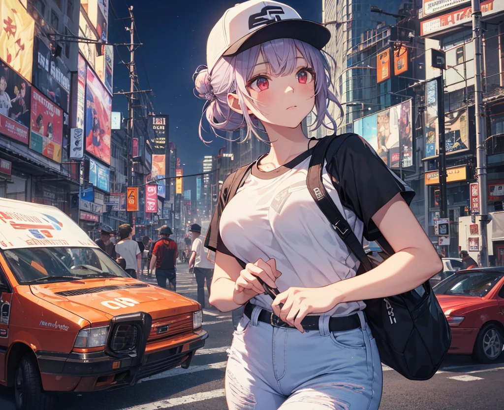 (Close-up:1.3),Realistic,Highest quality, Super detailed, High-quality CG rendering, The most delicate and beautiful, Floating softly, High resolution, (1 girl), (Highest quality,4K,8k,masterpiece:1.2), Light purple hair,(Hair in a bun:1.5),Red eyes,(Pure white oversized short sleeve T-shirt:1.3),(Black skinny jeans:1.3),(Pure white baseball cap:1.3),In the city,old buildings
