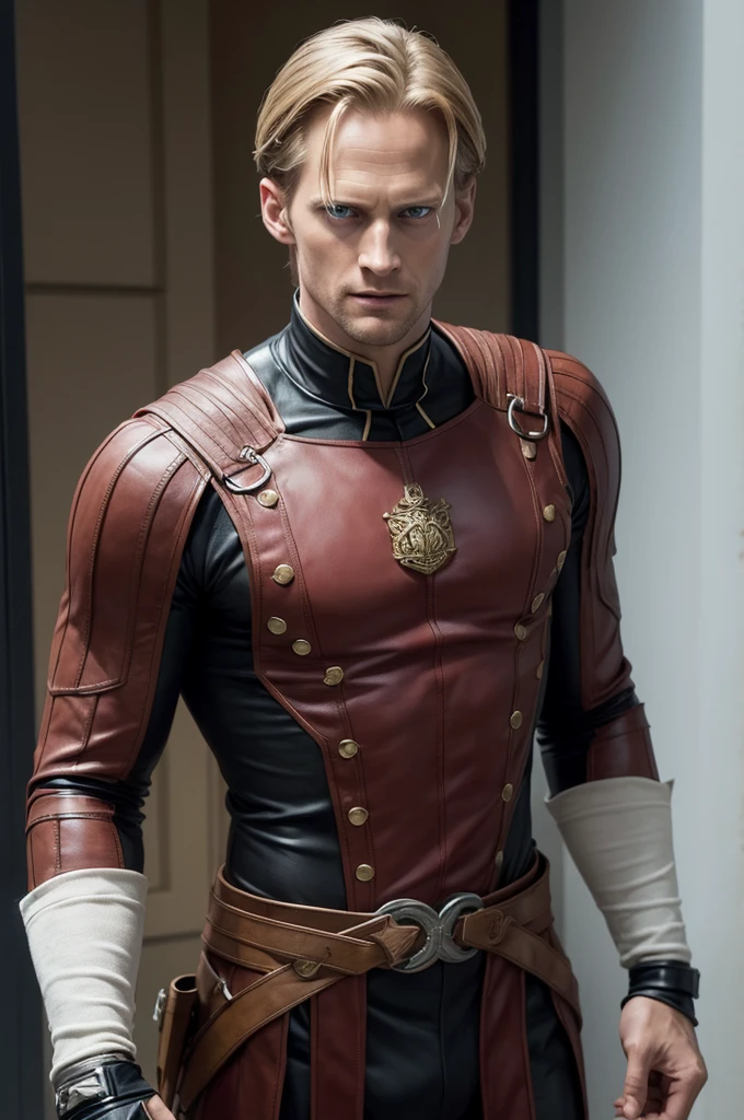Make the actor Alexander Skarsgård in the Homelander outfit but make the costume in the comic book version
