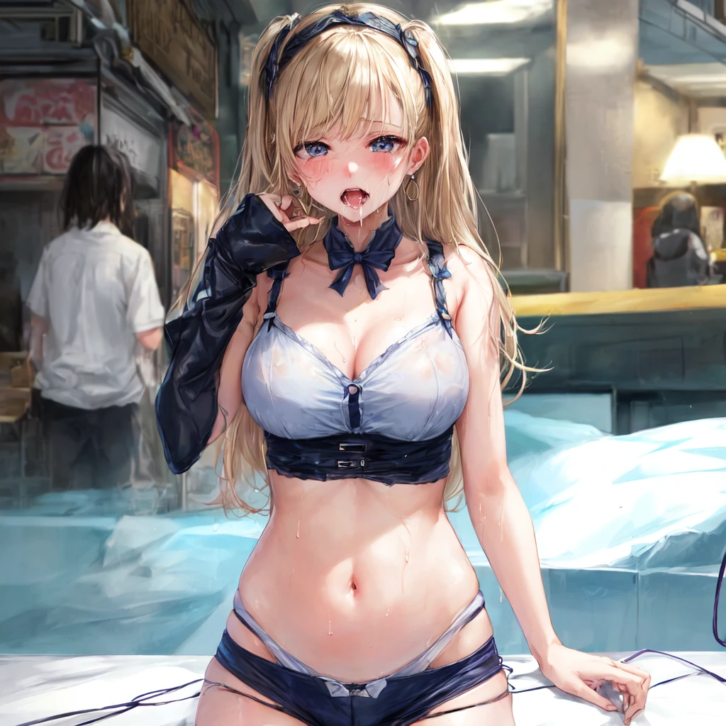 stringパンツ, Blonde, Wetた髪, Earrings, Large Breasts, Ahegao, Saliva stringing, piece, Two Girls, Gal, string, underwear, night, Covered in saliva, Sweaty, Wet, first round