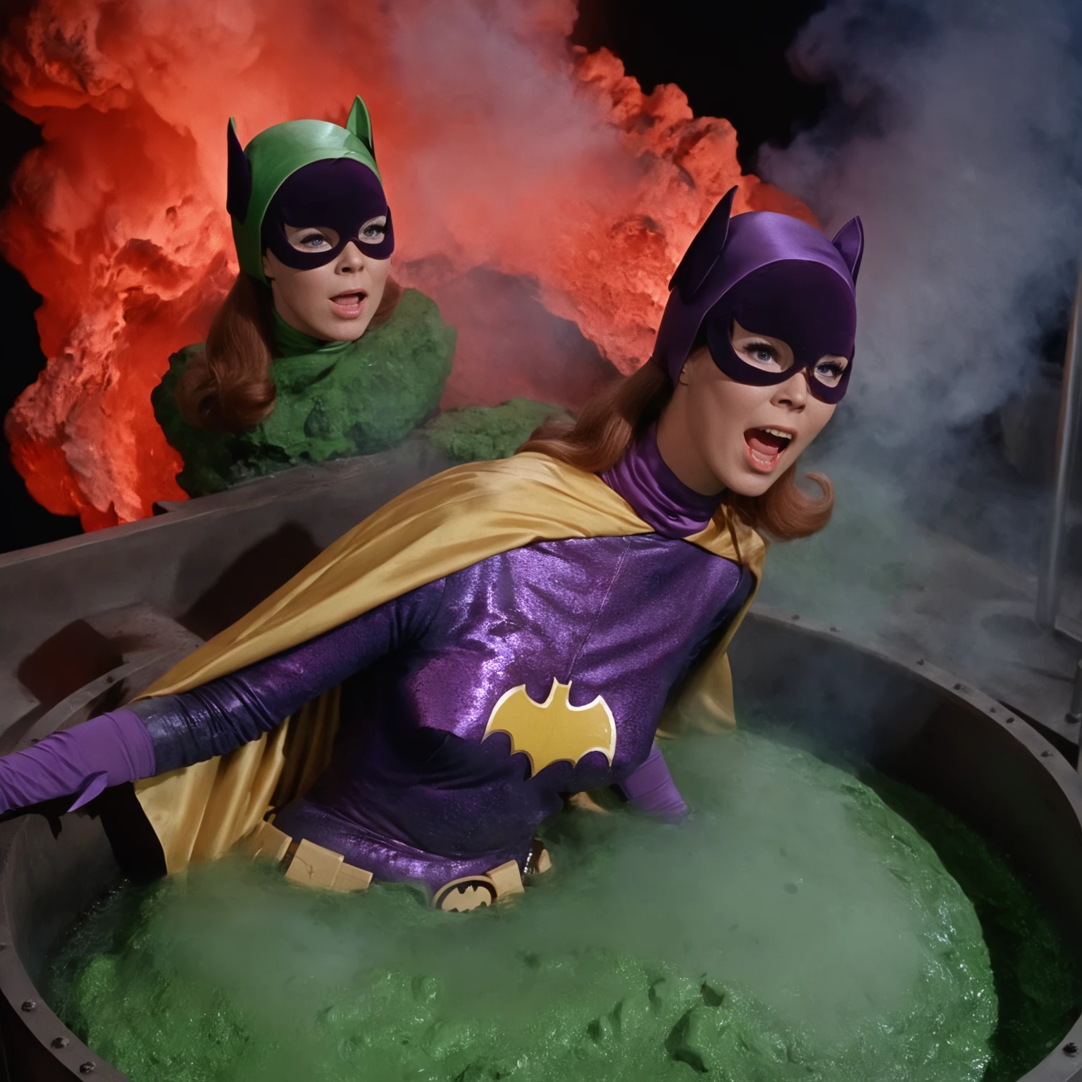 yvonne craig woman, sinking in green lava inside a  big tank in a scientist lab. She screams with her eyes wide open, she looks for help, extent her arm trying to grab something to escape, she moves desperate, but half of her body is already cover by lava she is in pain, smoke everywhere. she screams as hard as she can ,Her body is burning and we see smoke from her, 60's style, analog film, film grain, on a lab. Some red lights