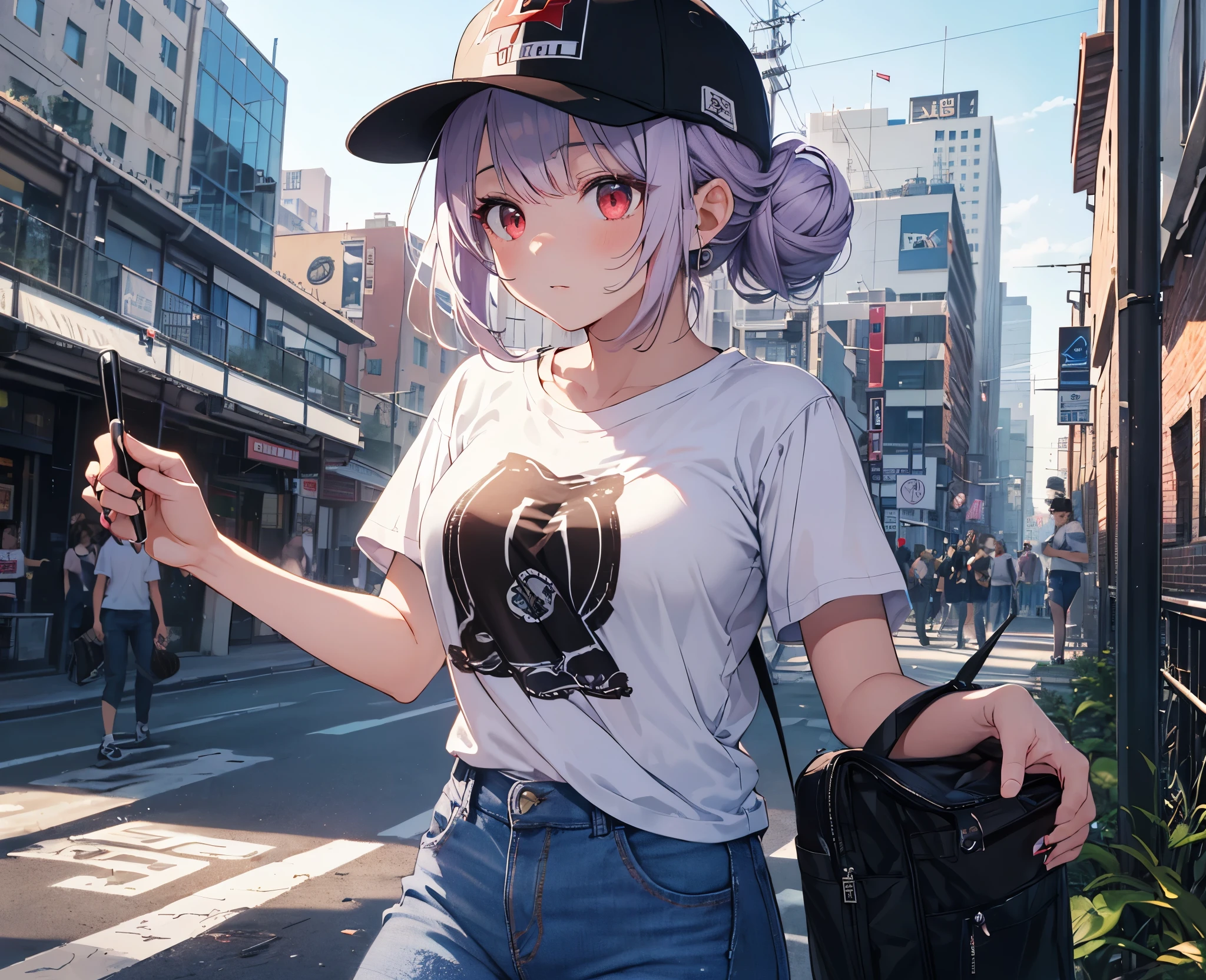 (Close-up:1.3),Realistic,Highest quality, Super detailed, High-quality CG rendering, The most delicate and beautiful, Floating softly, High resolution, (1 girl), (Highest quality,4K,8k,masterpiece:1.2), Light purple hair,(Hair in a bun:1.5),Red eyes,(Pure white oversized short sleeve T-shirt:1.3),(Black skinny jeans:1.3),(Pure white baseball cap:1.3),In the city,old buildings