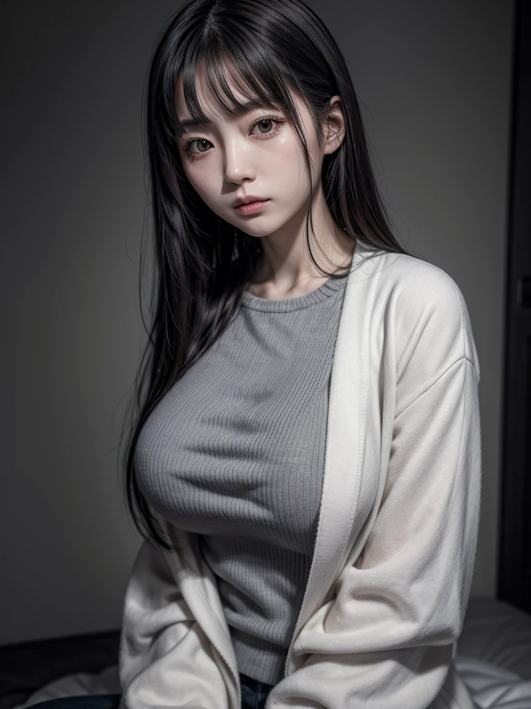 Japanese woman, big bust, gray tones, Pale skin, face portrait, straight hair, dark clothes, short clothes