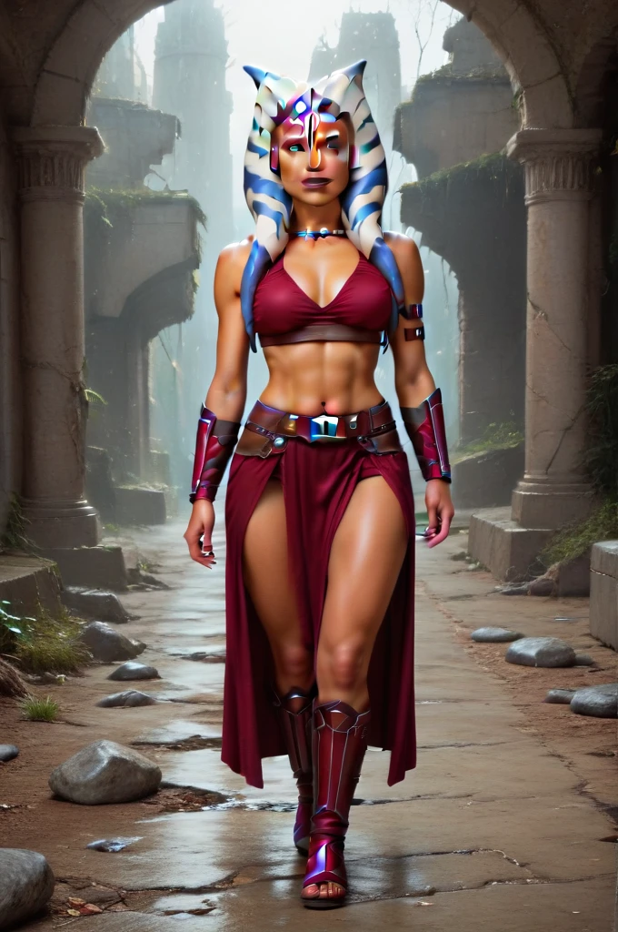 a ((fall body)) ((Ahsoka))) (()) (())mandalorian,walking on snow coverd ruins , ((green fire eyes )) , beautiful detailed eyes, beautiful detailed lips, extremely detailed face, long eyelashes, mandalorian armor, sci-fi, cinematic lighting, dramatic, epic, intricate details, hyper-realistic, 8k, high-quality, photorealistic