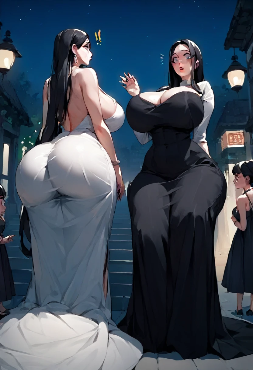 score_9, score_8_up, score_7_up, score_6_up, score_5_up, score_4_up, (source_anime), 2girls, (( white woman, long black hair, big breasts, mom, big ass, Long black dress, Long dress)), Low Illumination, in public, horny, Surprise, night, A girl hiden under the dress, Bottom-up view, yuri, age diference 