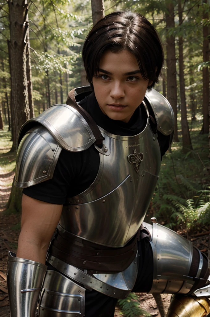 white teen,Brown eyes,short black hair,something muscular,medieval armor,forest