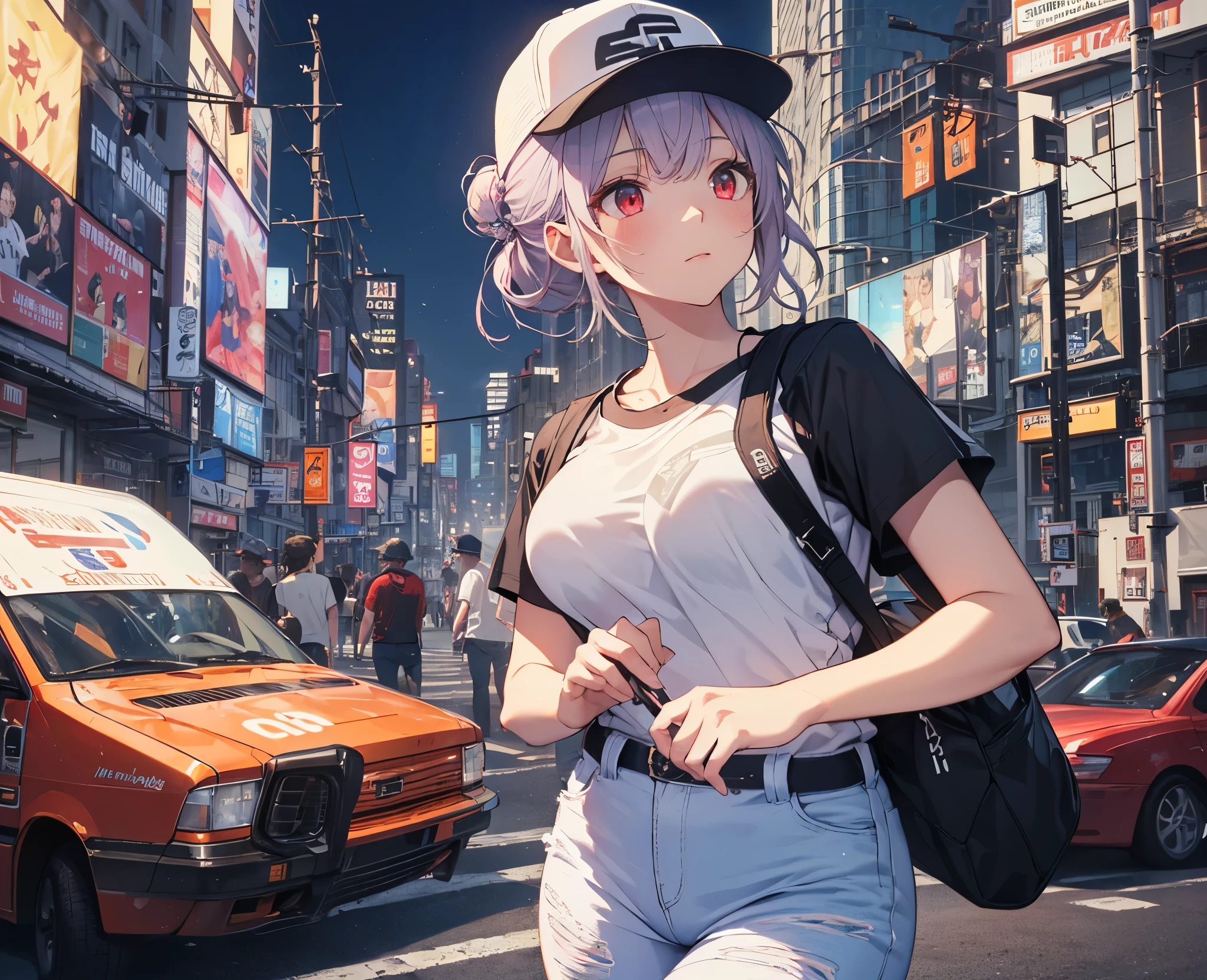 (Close-up:1.3),Realistic,Highest quality, Super detailed, High-quality CG rendering, The most delicate and beautiful, Floating softly, High resolution, (1 girl), (Highest quality,4K,8k,masterpiece:1.2), Light purple hair,(Hair in a bun:1.5),Red eyes,(Pure white oversized short sleeve T-shirt:1.3),(Black skinny jeans:1.3),(Pure white baseball cap:1.3),In the city,old buildings